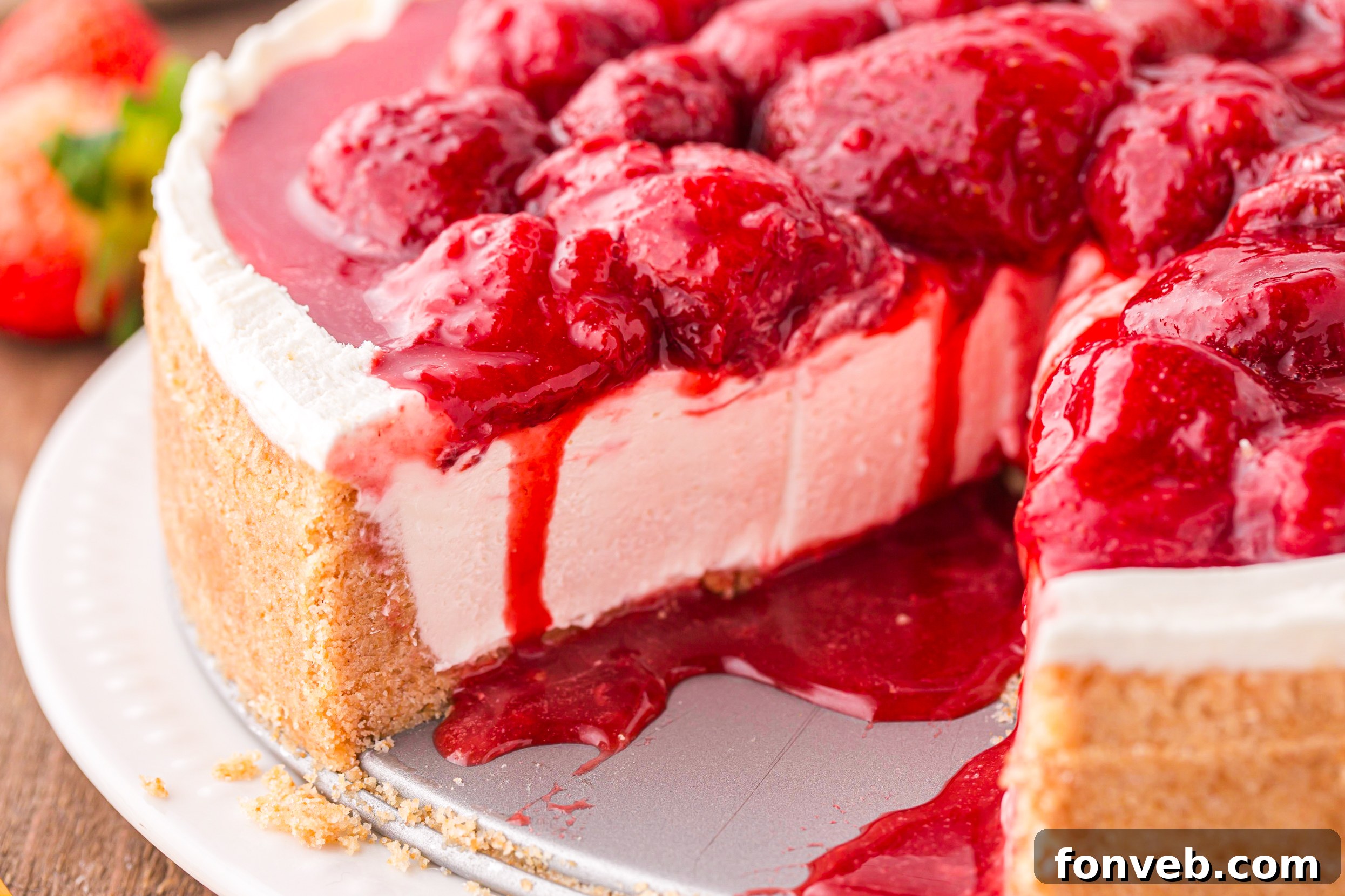 No Bake Strawberry Cheesecake with a slice missing showing the inside