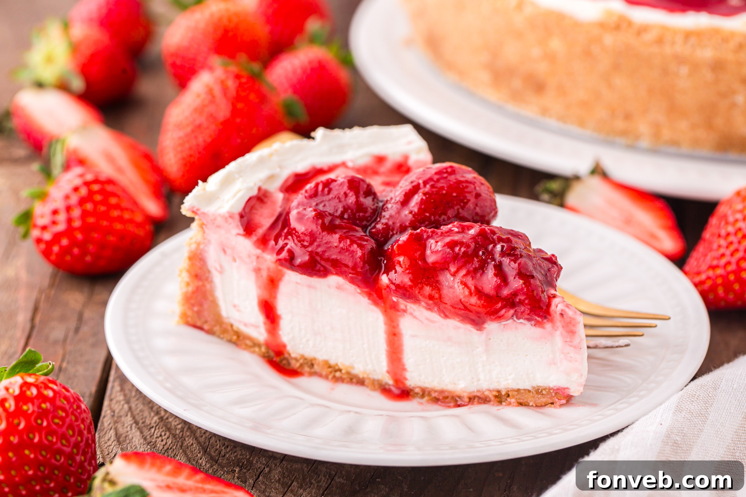 No Bake Strawberry Cheesecake from the side , on a white plate topped with strawberries 