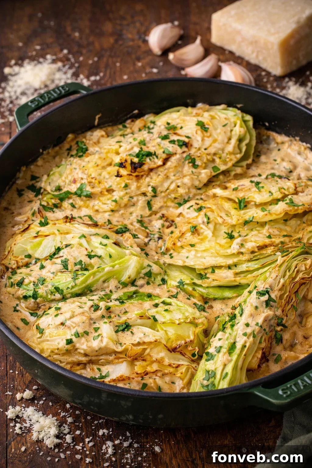 Keto Creamy Garlic Parmesan Cabbage Skillet 2 Creamy Garlic Parmesan Cabbage in a vibrant green skillet