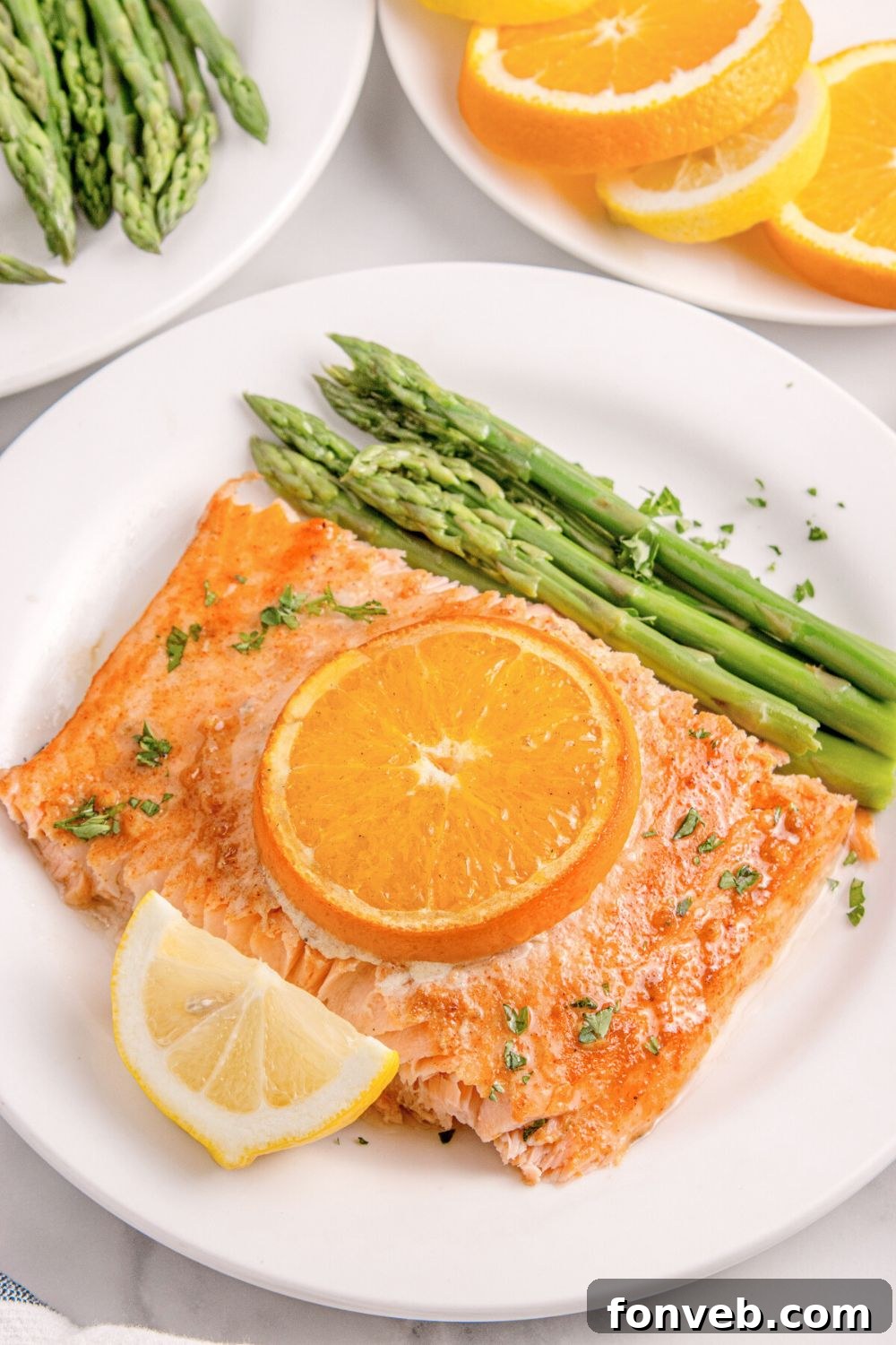 Effortless Honey Mustard Salmon Foil Grill 14 Grilled Honey Mustard Salmon on plate with asparagus