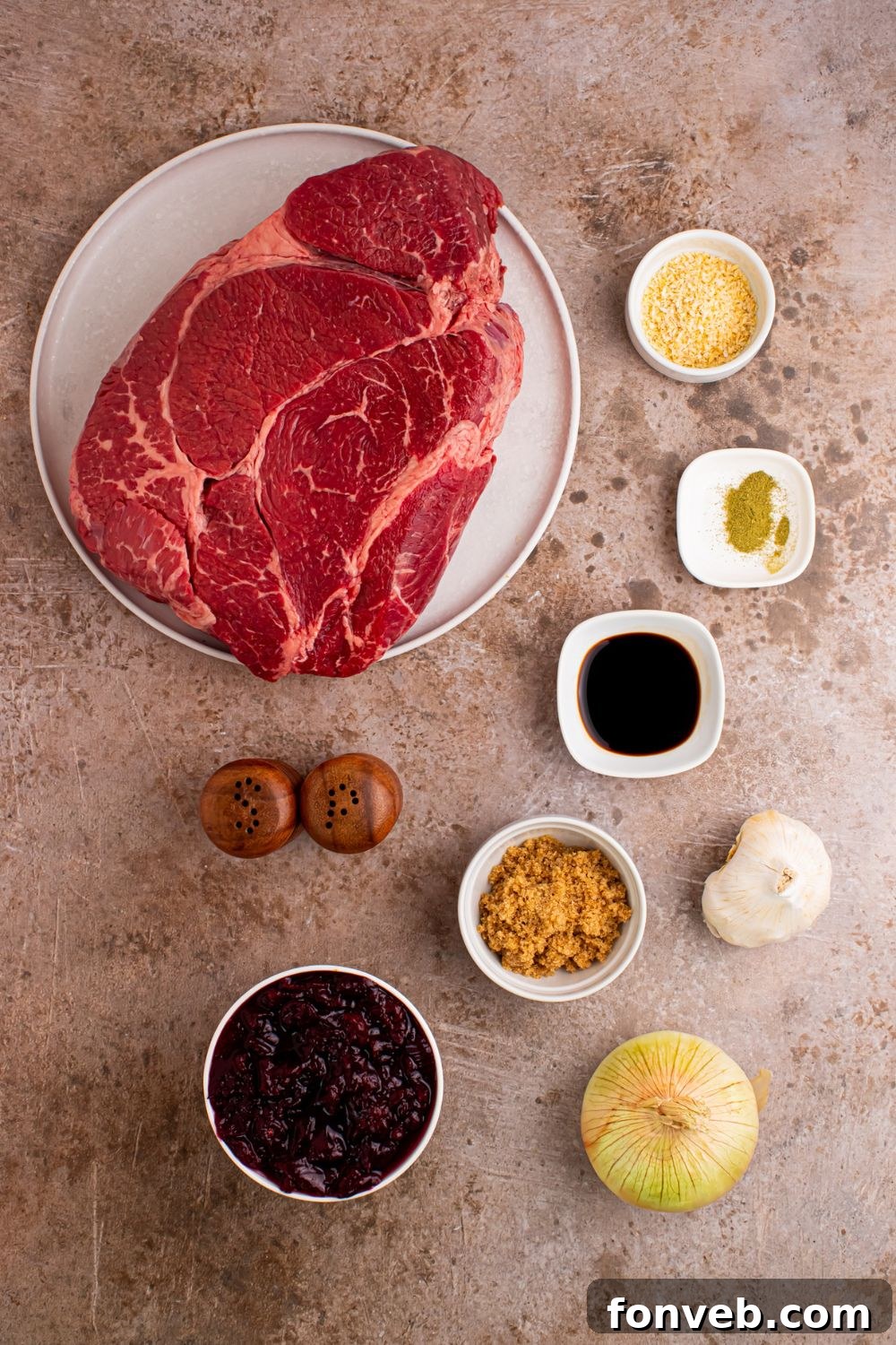 ingredients for Cranberry Pot Roast on table in single serve containers 