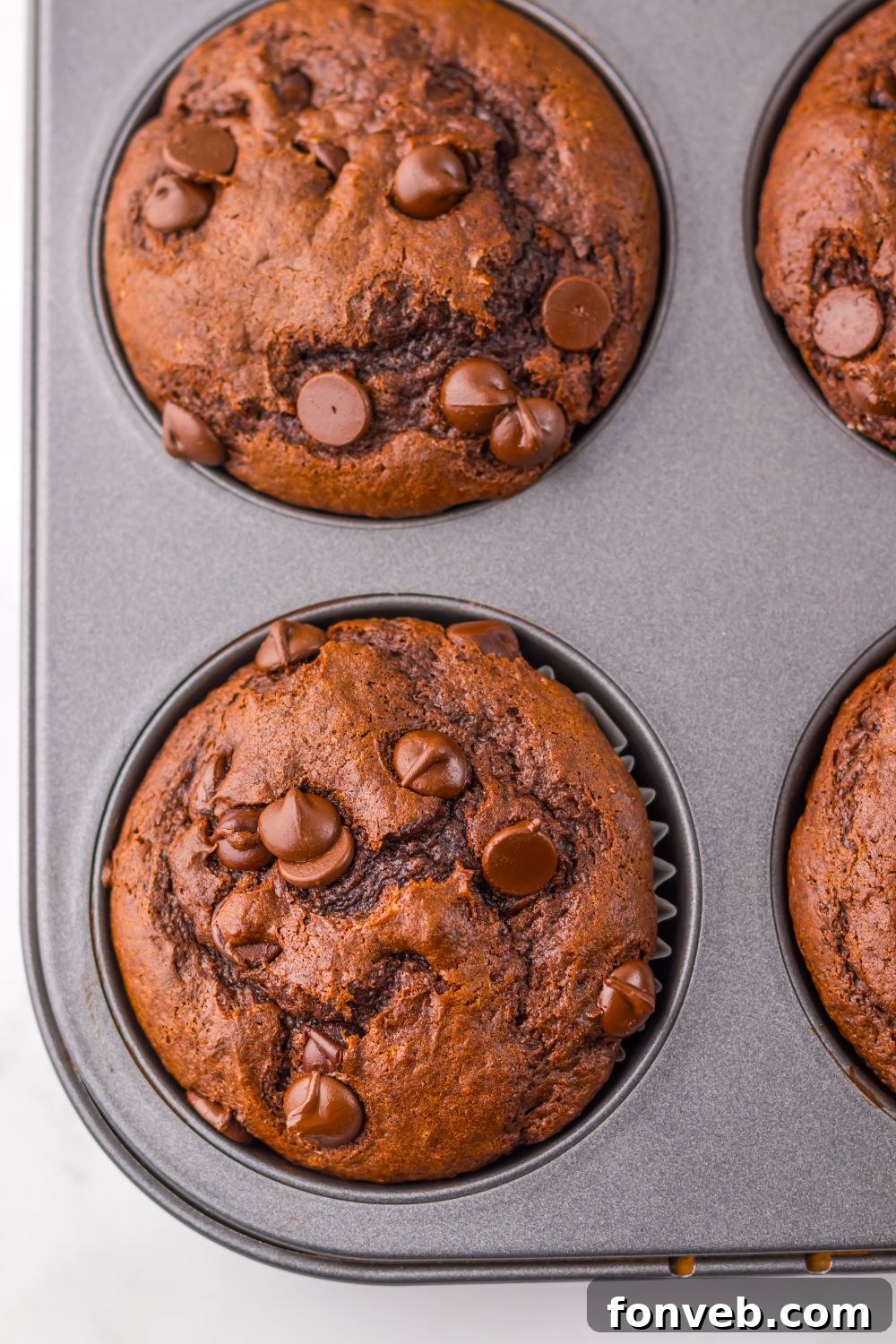 overhead look of Costco Double Chocolate Muffins in pan