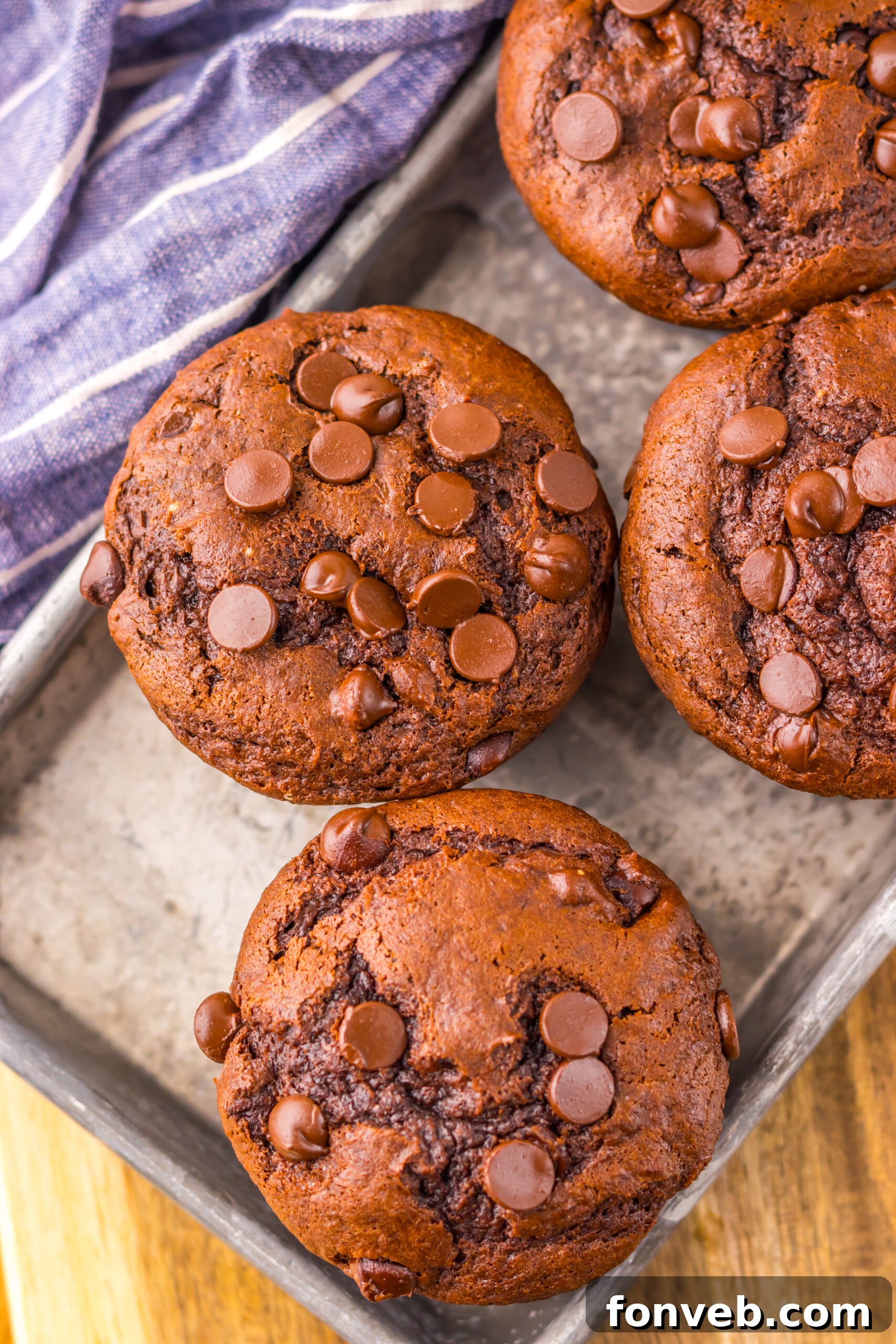 overhead shot of the Costco Double Chocolate Muffins on a silver serving platter