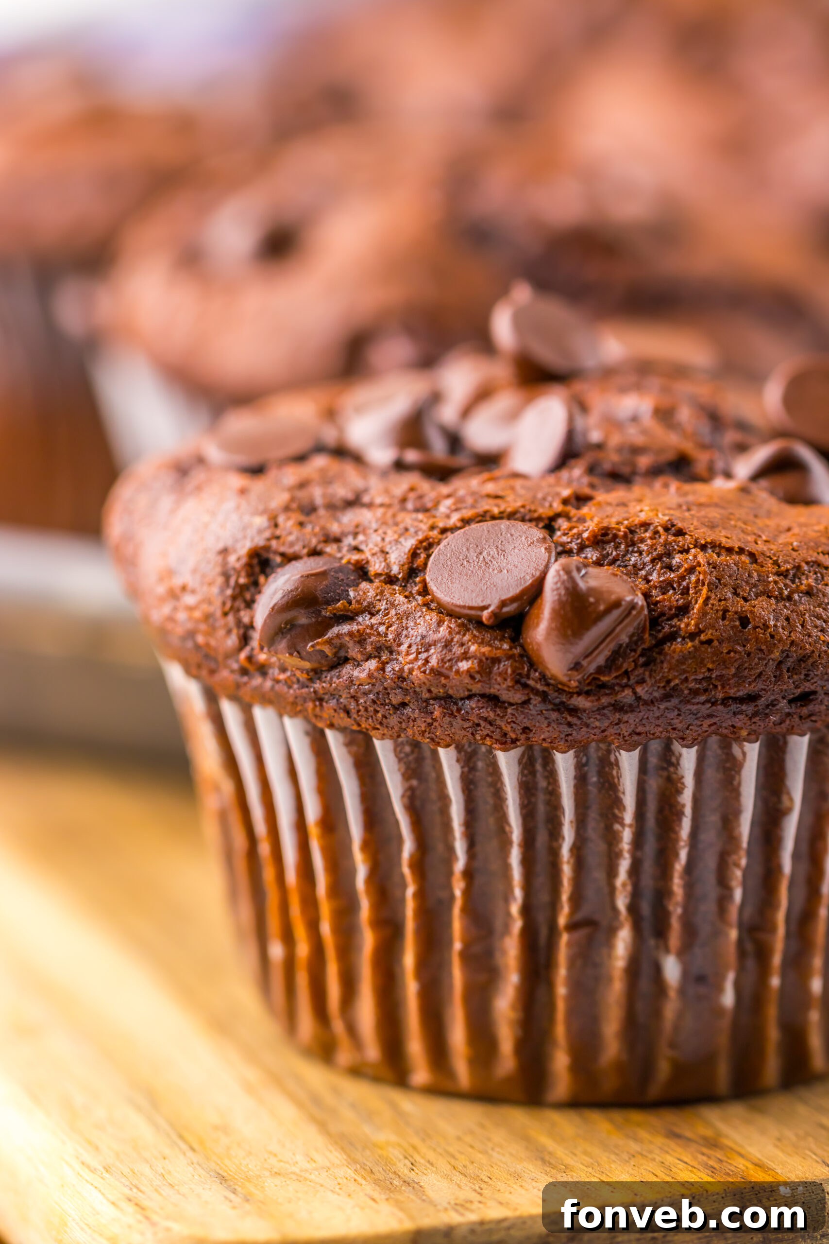 up close side view of my Costco Double Chocolate Muffins