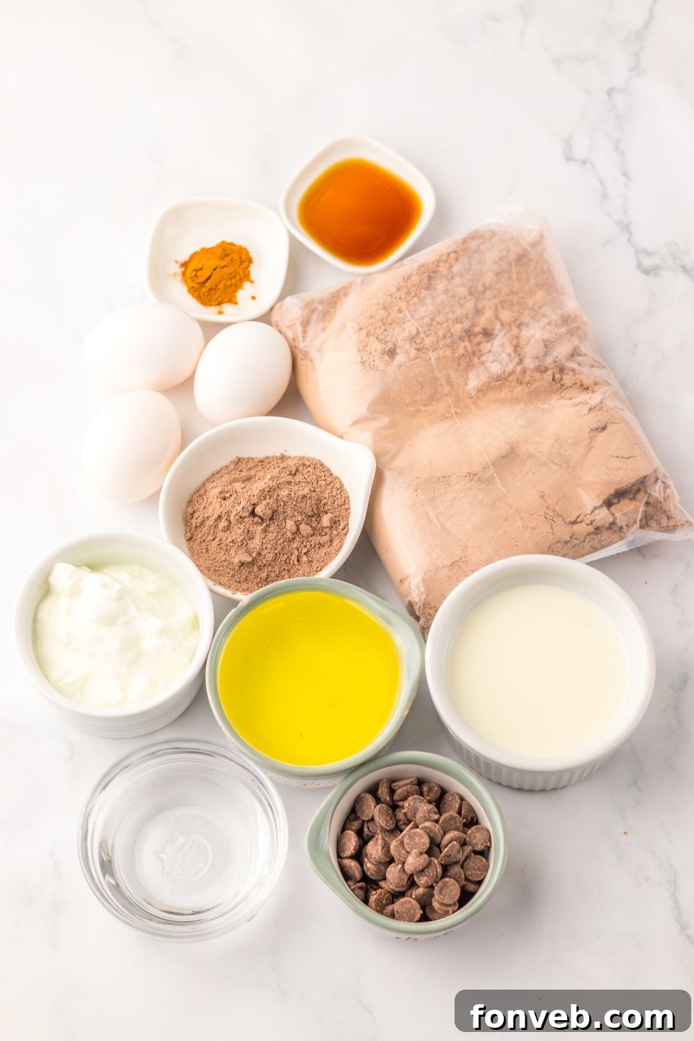 overhead look of all the ingredients for making Costco Double Chocolate Muffins