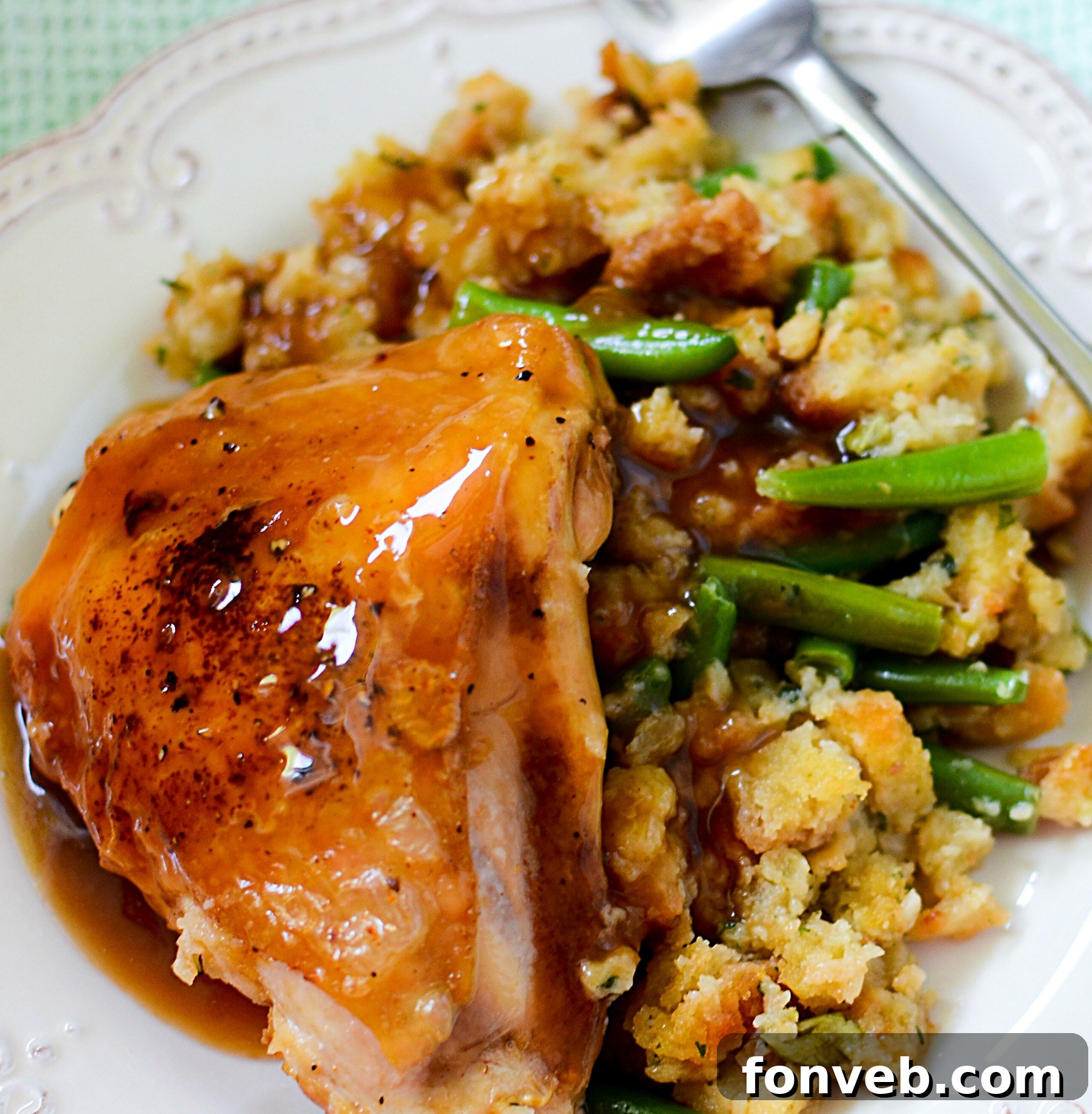 A beautifully presented serving of the one-pan chicken and stuffing, highlighting the ease of preparation
