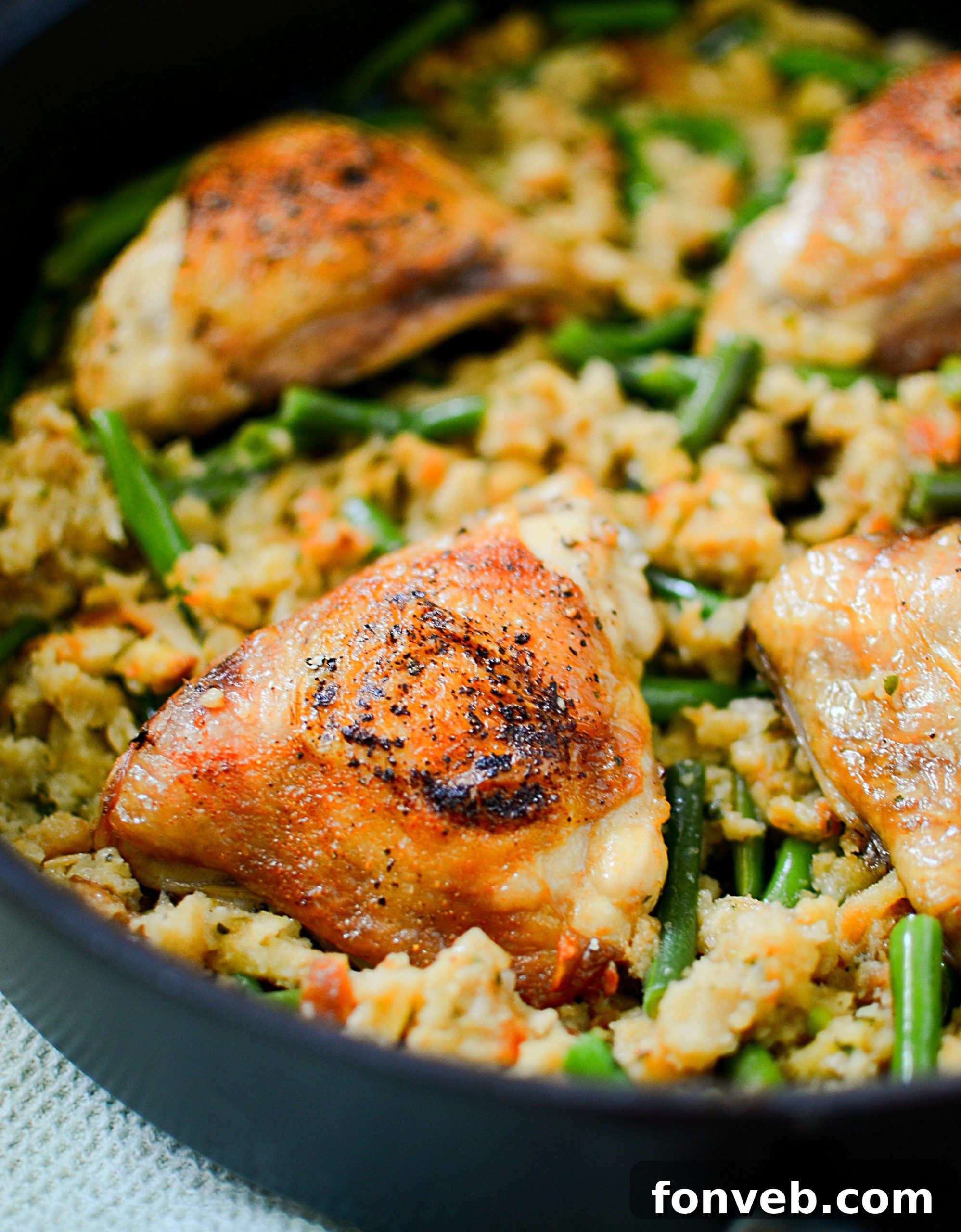 Another perspective of the delicious one-pan chicken and stuffing meal