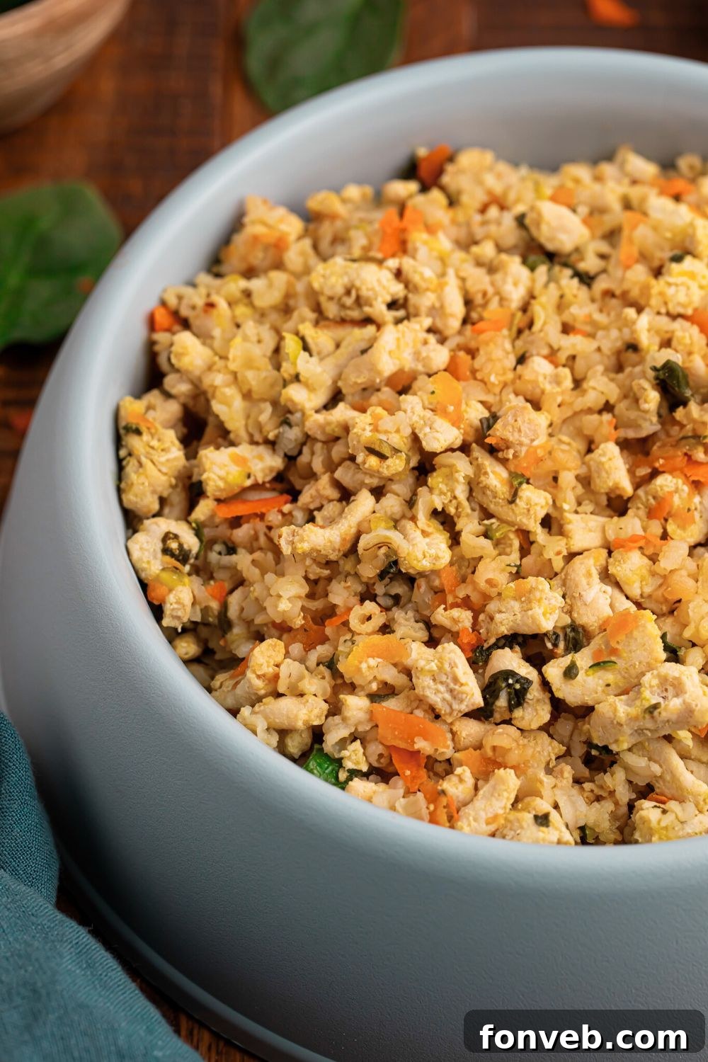 close up view of fresh Homemade Turkey and Rice Dog Food with Veggies in a dog bowl 