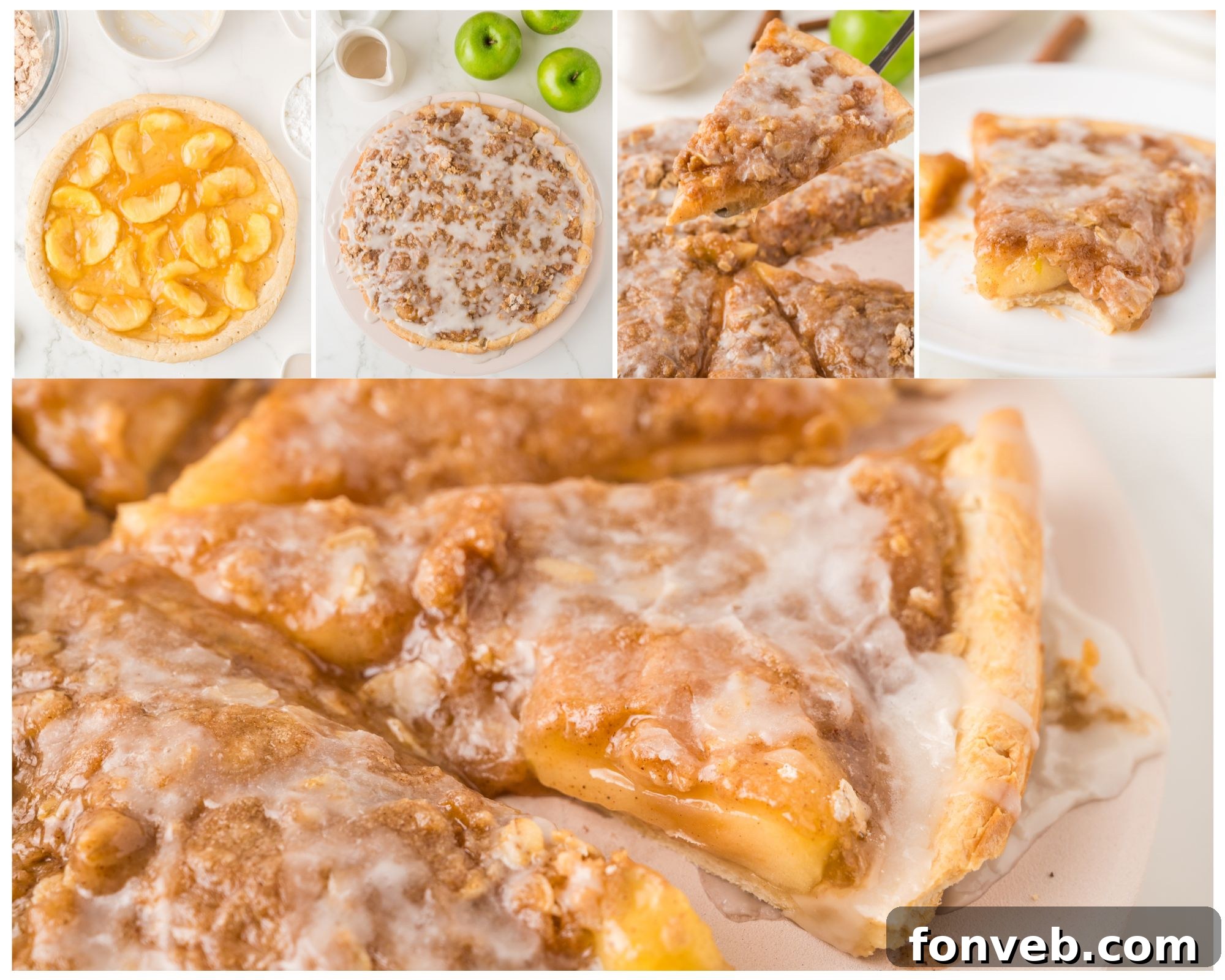 A captivating collage showcasing a pristine Apple Pie Pizza, artfully drizzled with icing, against a clean white table, highlighting its visual appeal.