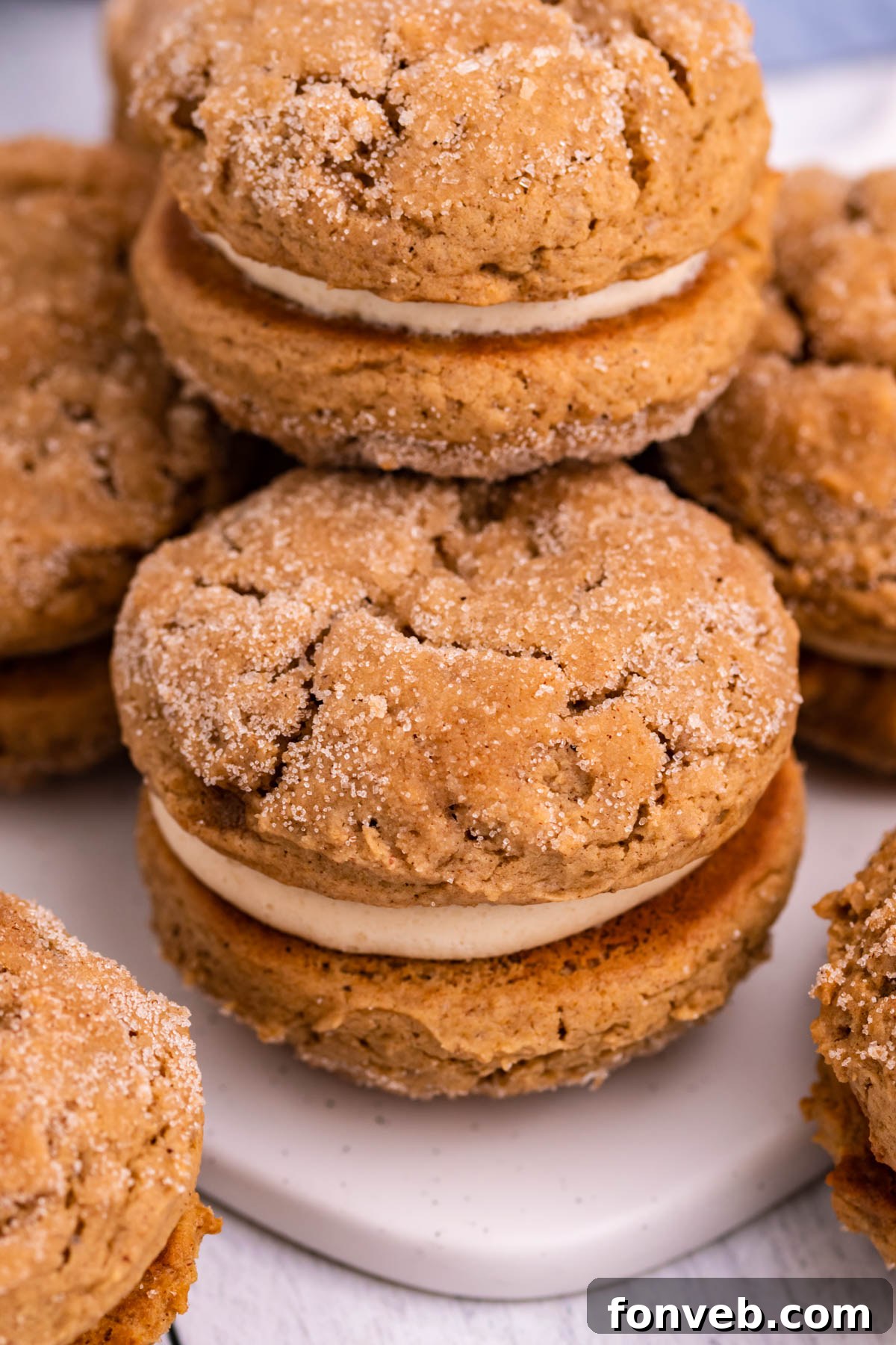 Pillowy Soft Spiced Apple Cider Whoopie Pies 10 Stack of Apple Cider Whoopie Pies up close showing texture