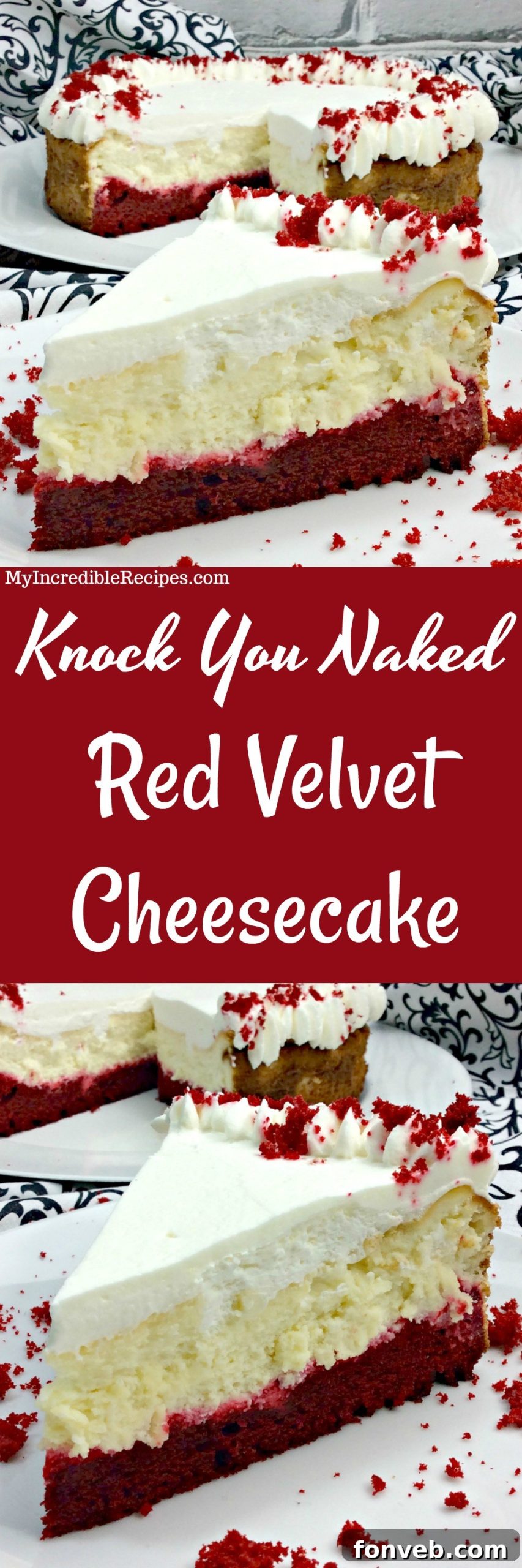 Close-up of a beautifully decorated Red Velvet Cheesecake with piped frosting and cake crumbs, ready to serve