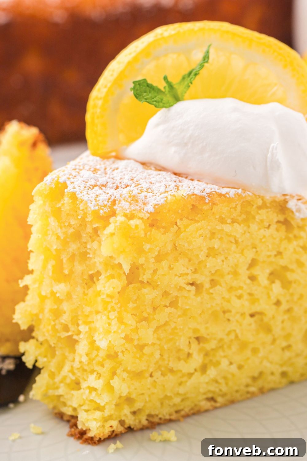 close up of Italian Lemon Ricotta Cake with a bite taken out of the front of the cake on plate 