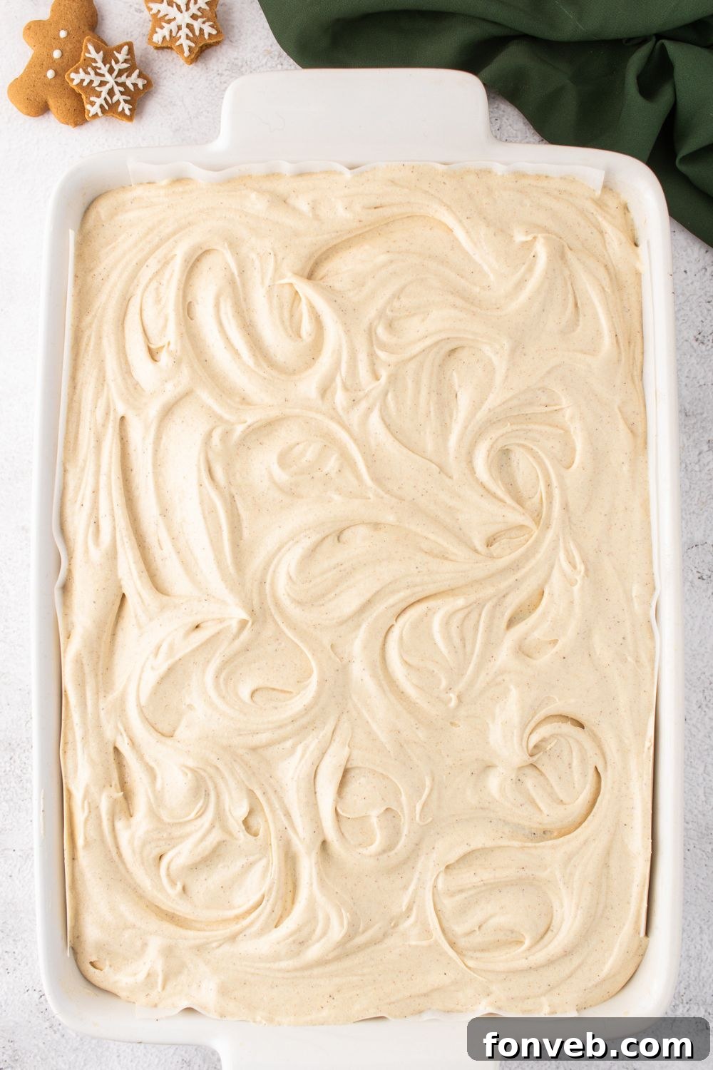overhead look of Gingerbread Cake with Cream Cheese Frosting in pan