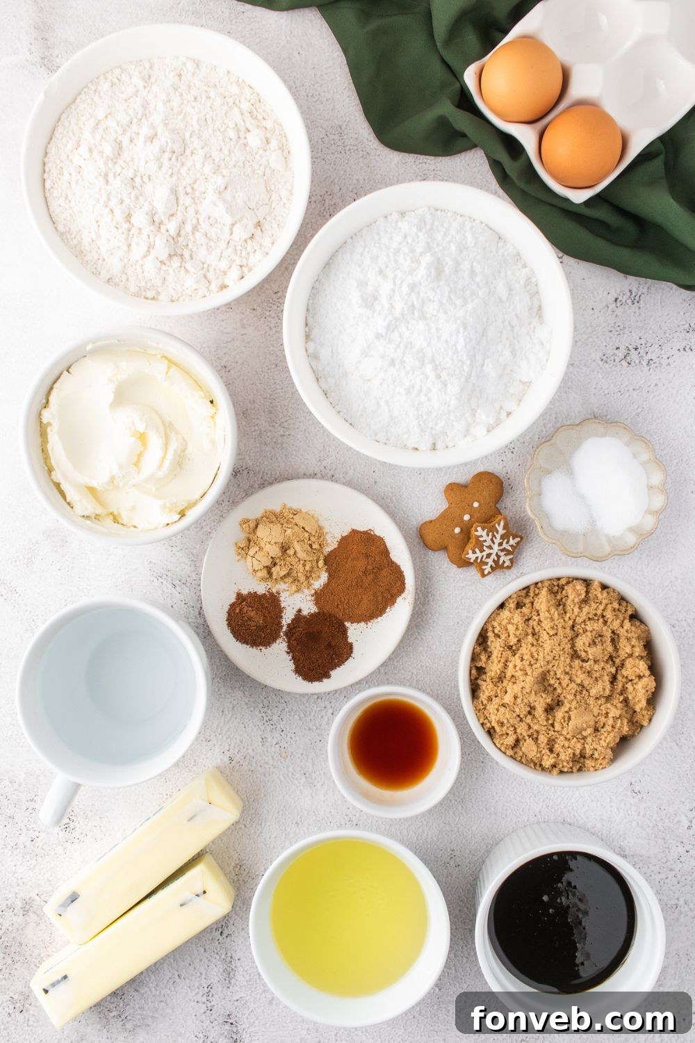 ingredients for Old fashioned gingerbread cake in single serve bowls on table