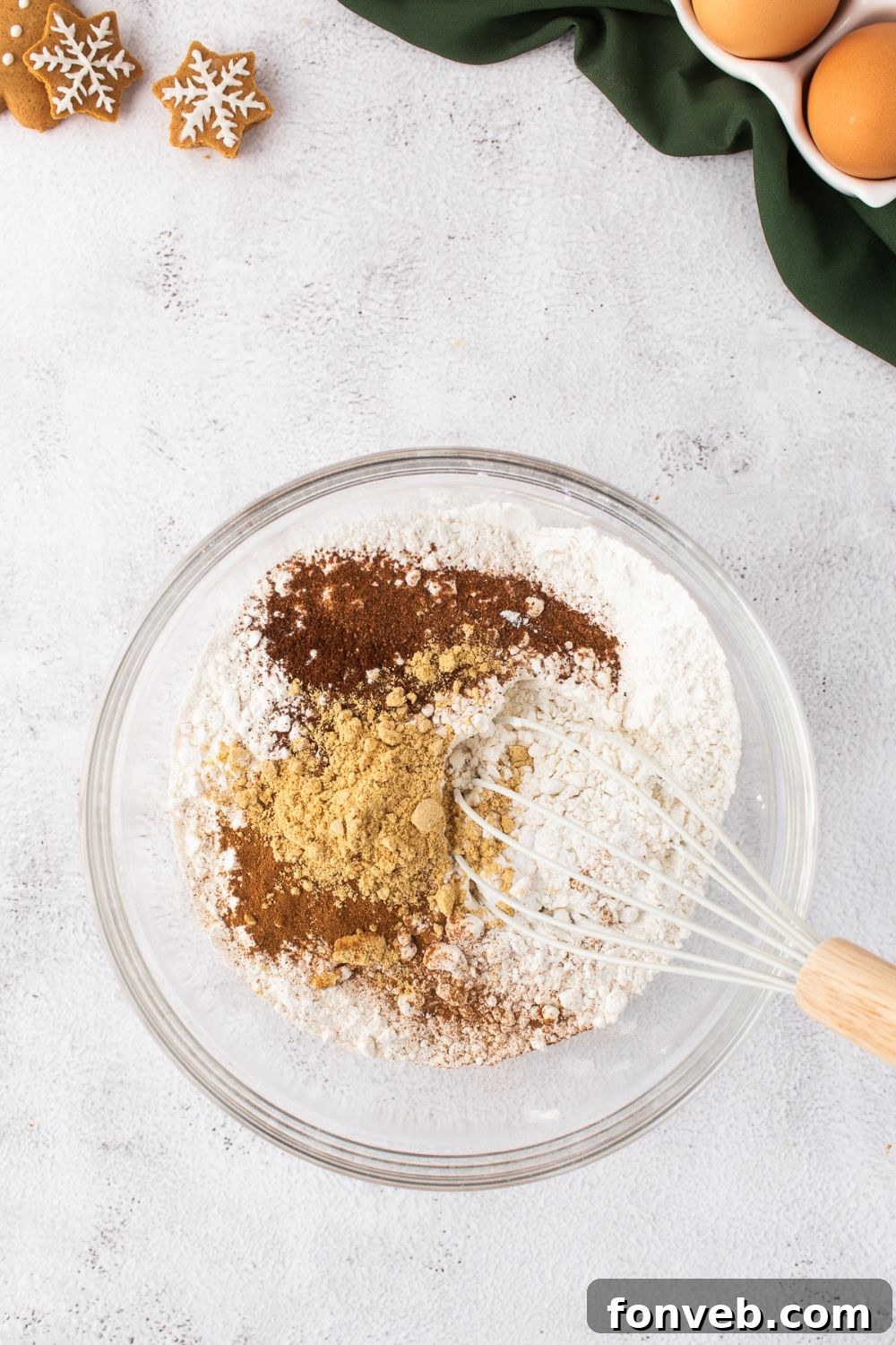 dry ingredients in a bowl for making Gingerbread Cake with Cream Cheese Frosting
