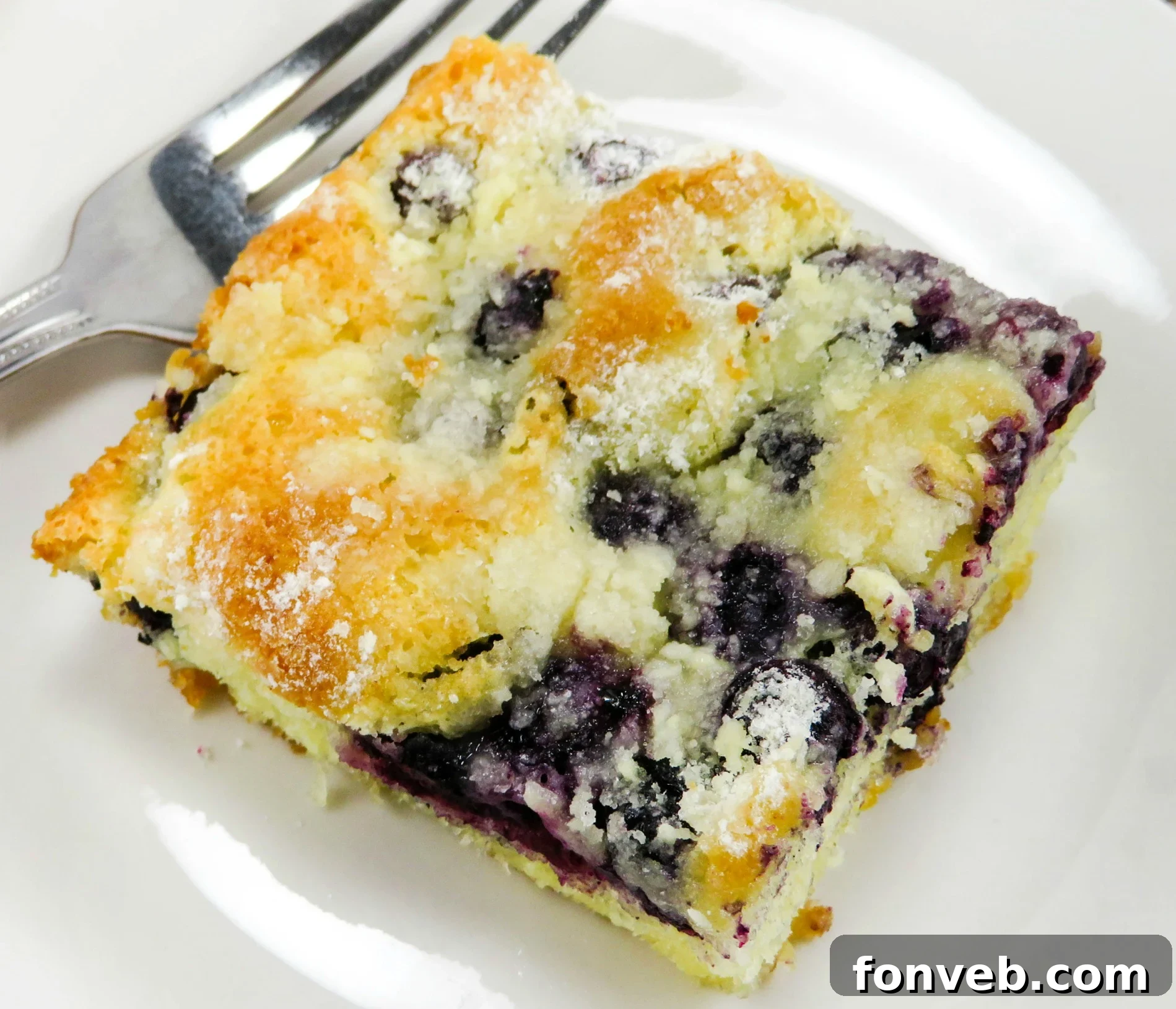 Close-up of a delicious blueberry butter cake slice, showcasing the moist crumb and juicy blueberries