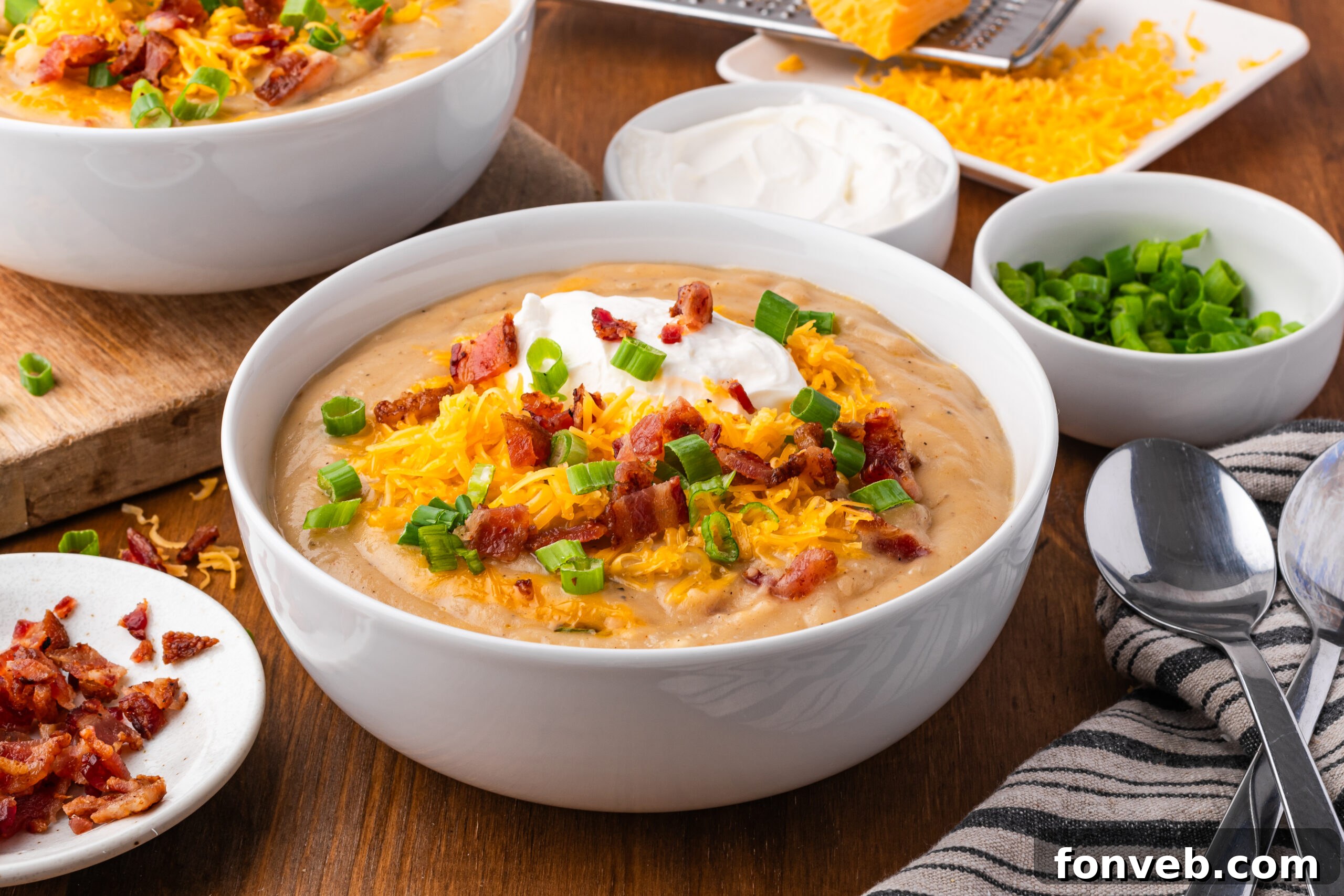 Crock pot loaded baked potato soup in a white bowl on a dark wood table 