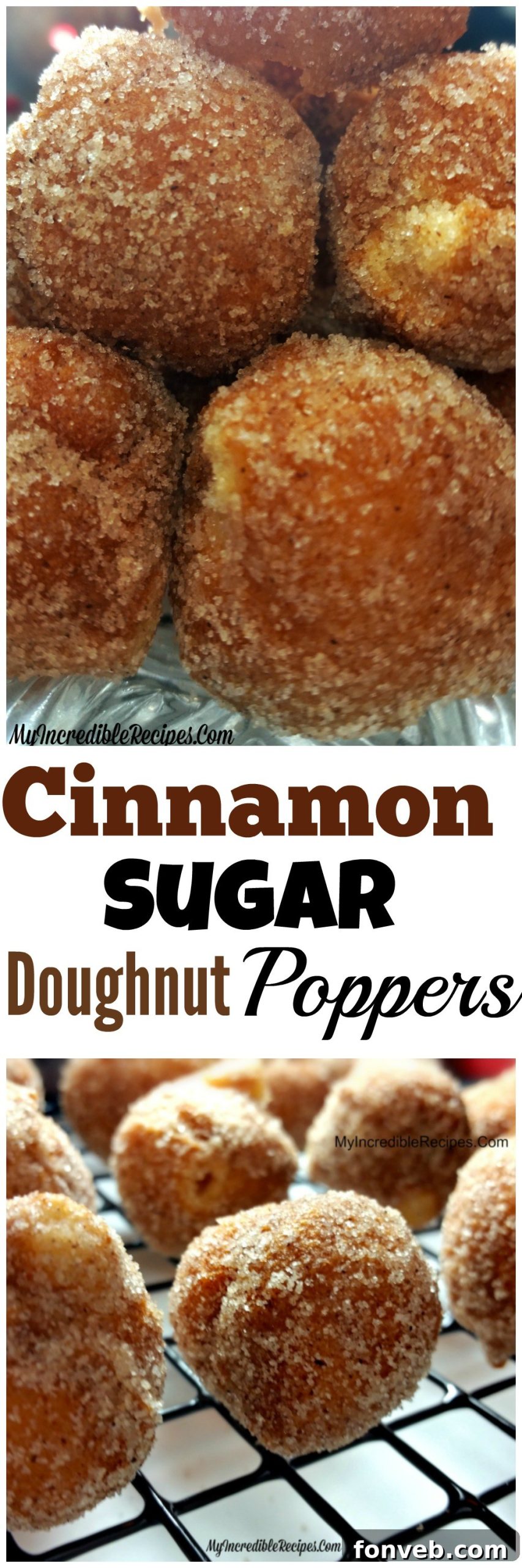 Pinterest graphic featuring Cinnamon Sugar Doughnut Holes recipe with enticing text.
