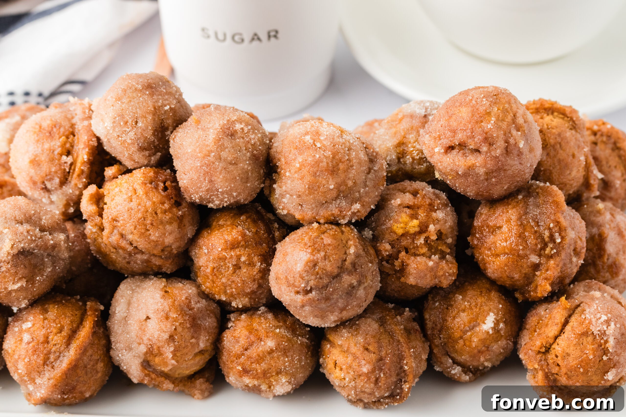 Cinnamon Sugar Baked Pumpkin Spice Donut Holes 14 a huge bunch of the Pumpkin Spice Donut Holes on a white plate with a containe