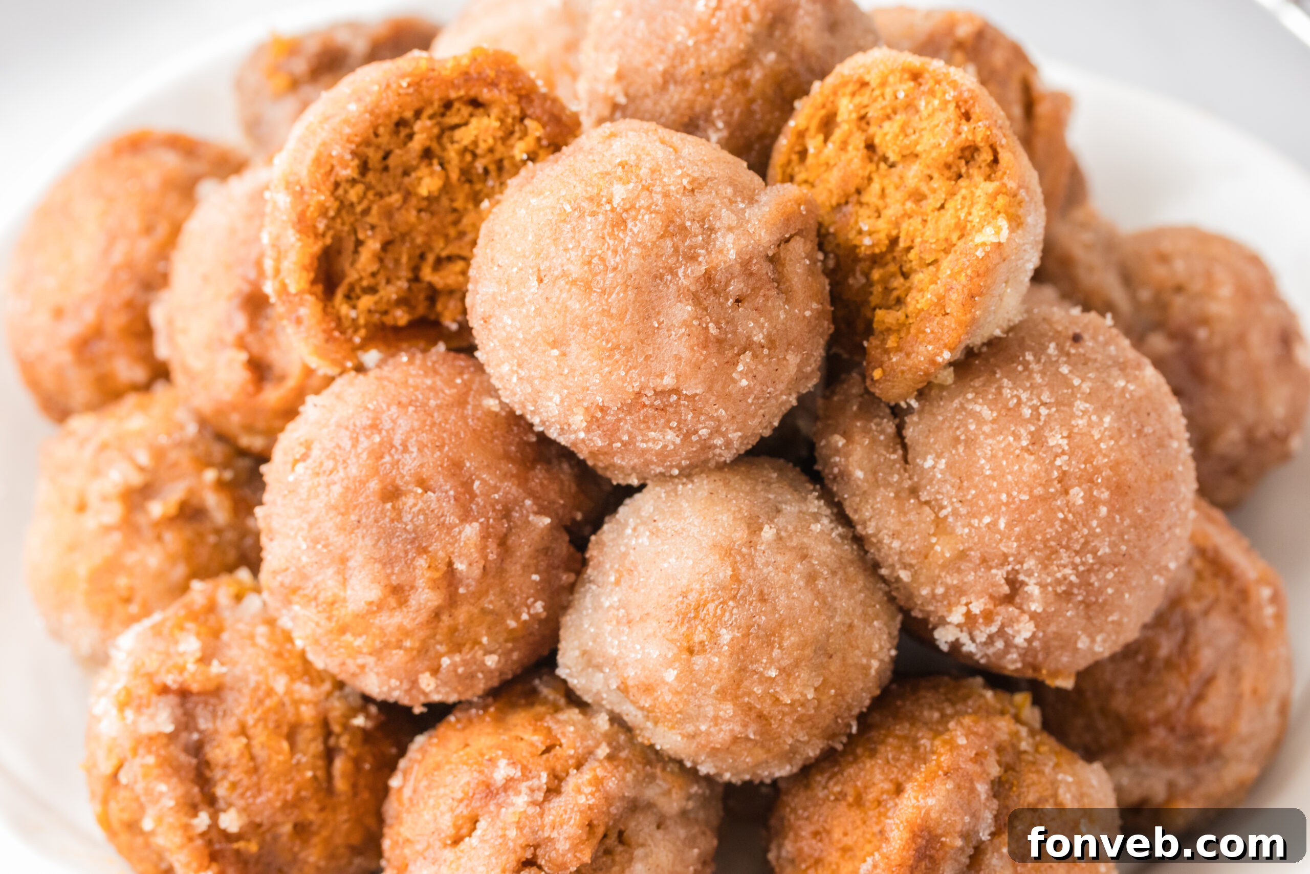 Cinnamon Sugar Baked Pumpkin Spice Donut Holes 15 Pile of Pumpkin Spice Donut Holes on a white plate with one cut open to see the inside
