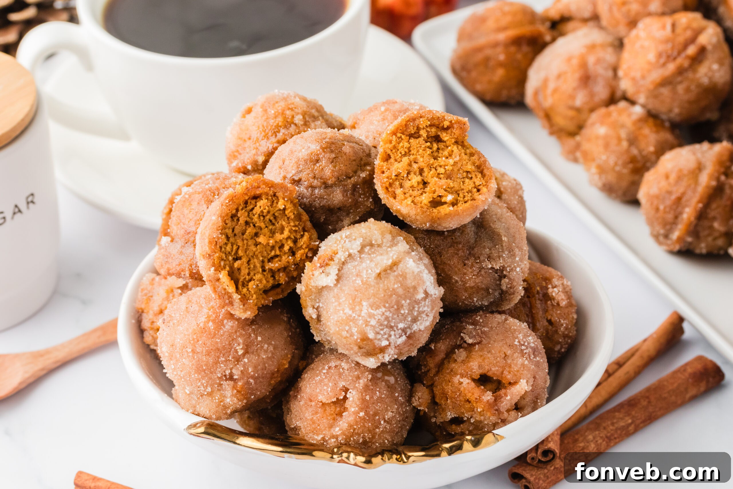 Cinnamon Sugar Baked Pumpkin Spice Donut Holes 21 Pumpkin Spice Donut Holes on a white plate with a cup of coffee in the background