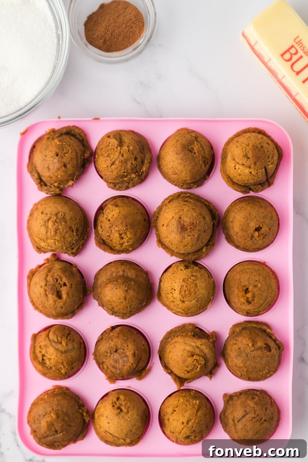 Cinnamon Sugar Baked Pumpkin Spice Donut Holes 9 baked Pumpkin Spice Donut Holes in a pink pan sitting on a marble counter