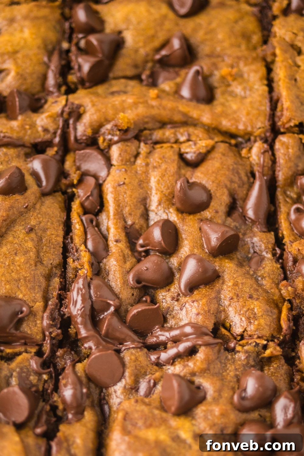 Brown Butter Pumpkin Chocolate Chip Bars in a pan cut into squares 