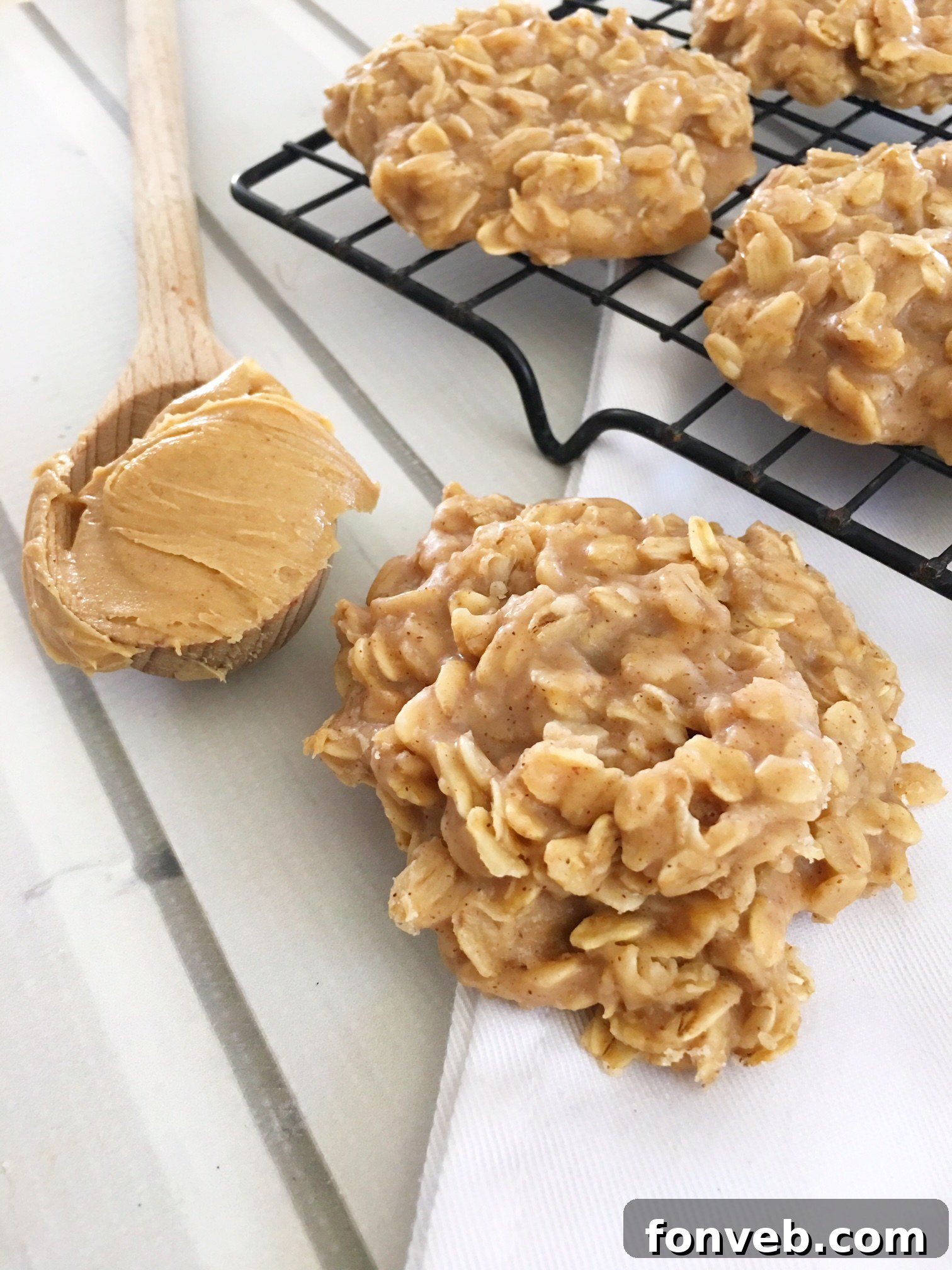 Close-up shot of a single no-bake cookie, showing the visible oats and rich peanut butter texture.