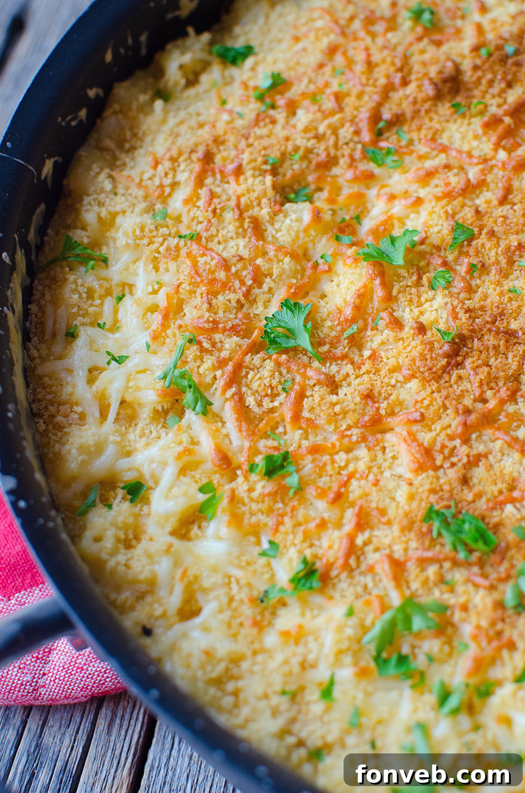 Another angle of the golden baked macaroni and cheese, ready for serving