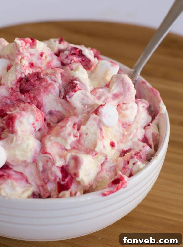 Raspberry Marshmallow Fluff Salad in a bowl