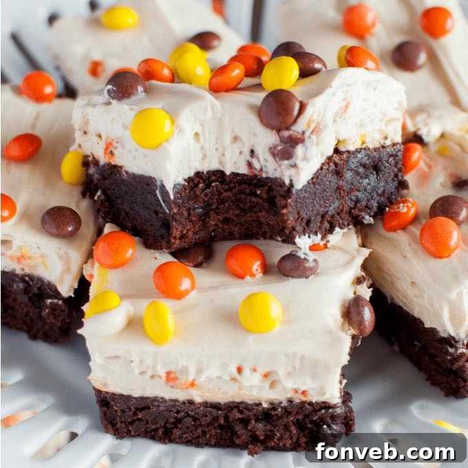 No-Bake Peanut Butter Cheesecake Brownies with Reese's Pieces