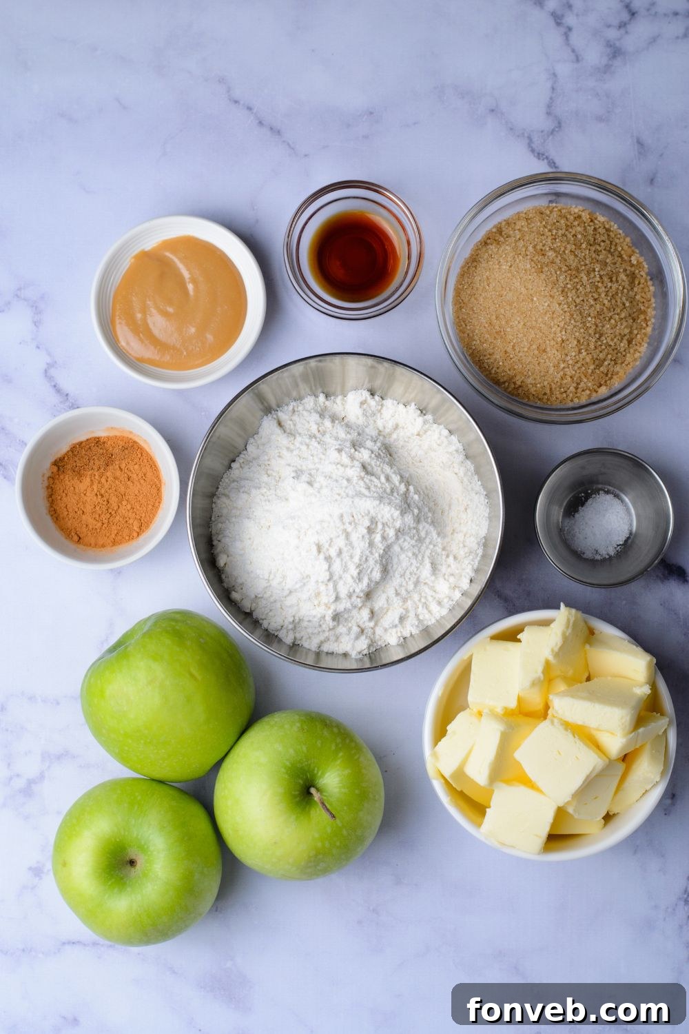 all the ingredients for making Caramel Apple Pie Bars in single serve containers