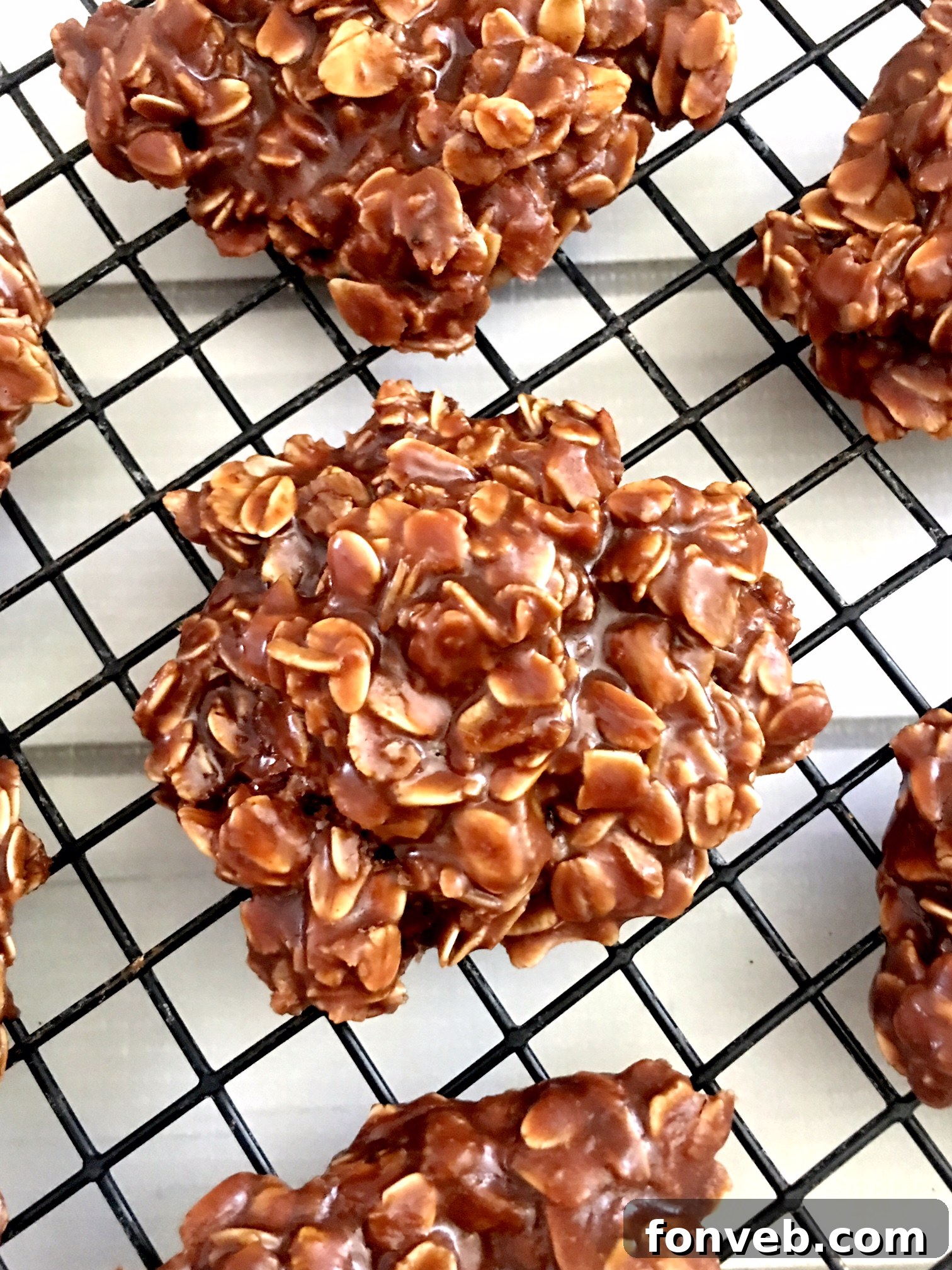Chocolate Peanut Butter No Bake Cookies on a wire cooling rack