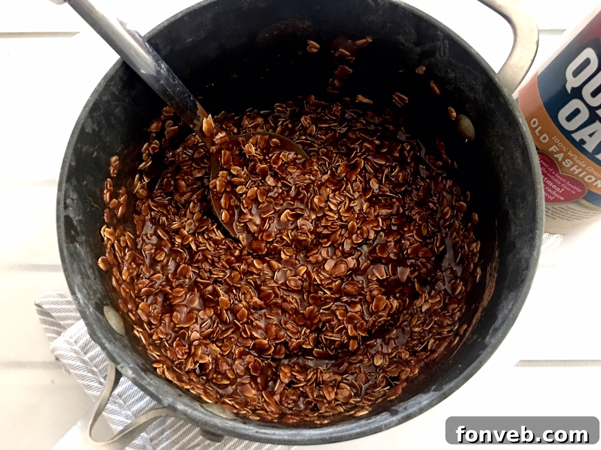 Chocolate Peanut Butter No Bake Cookies being mixed in a pot