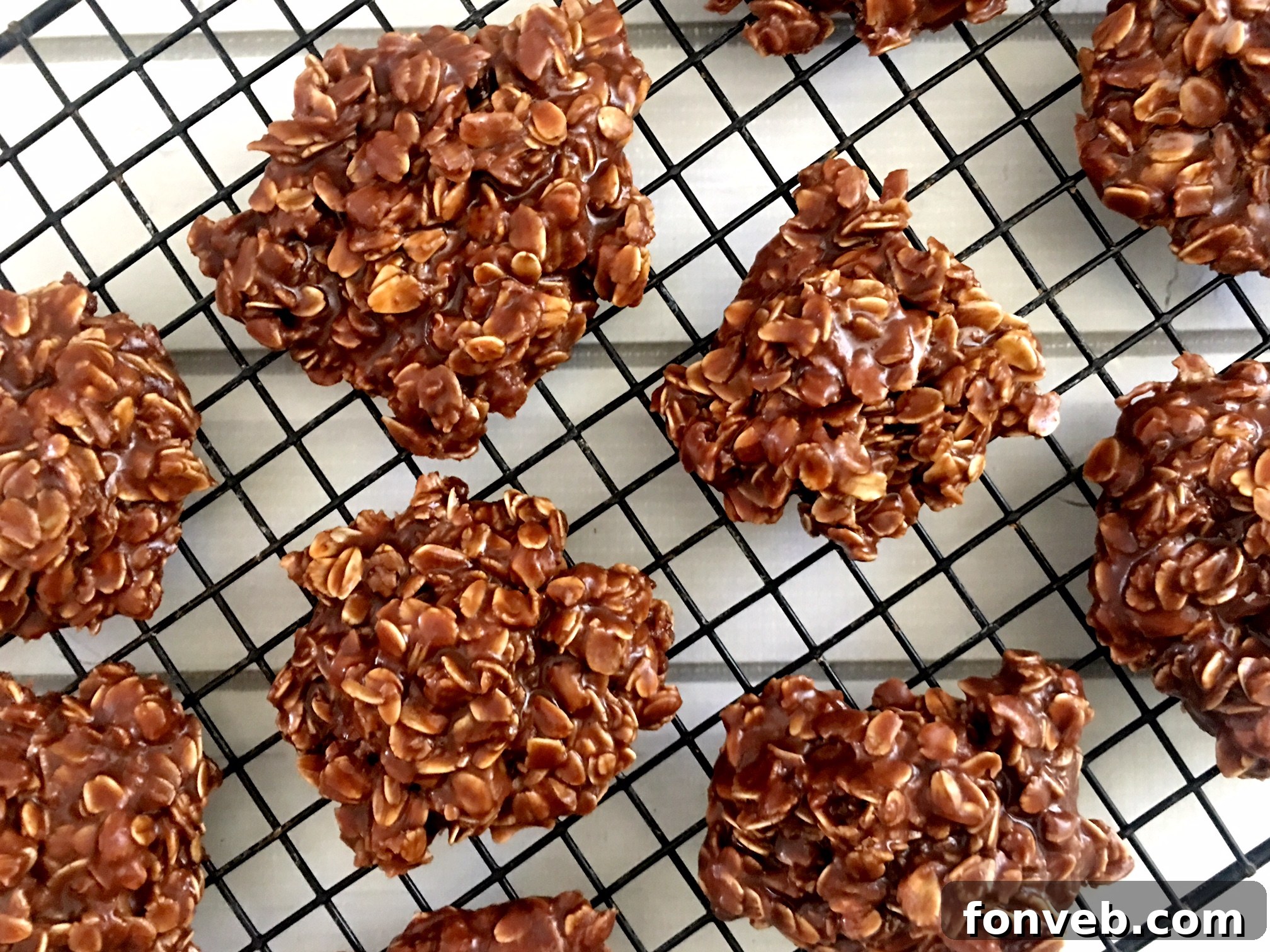 Chocolate Peanut Butter No Bake Cookies on a wire rack