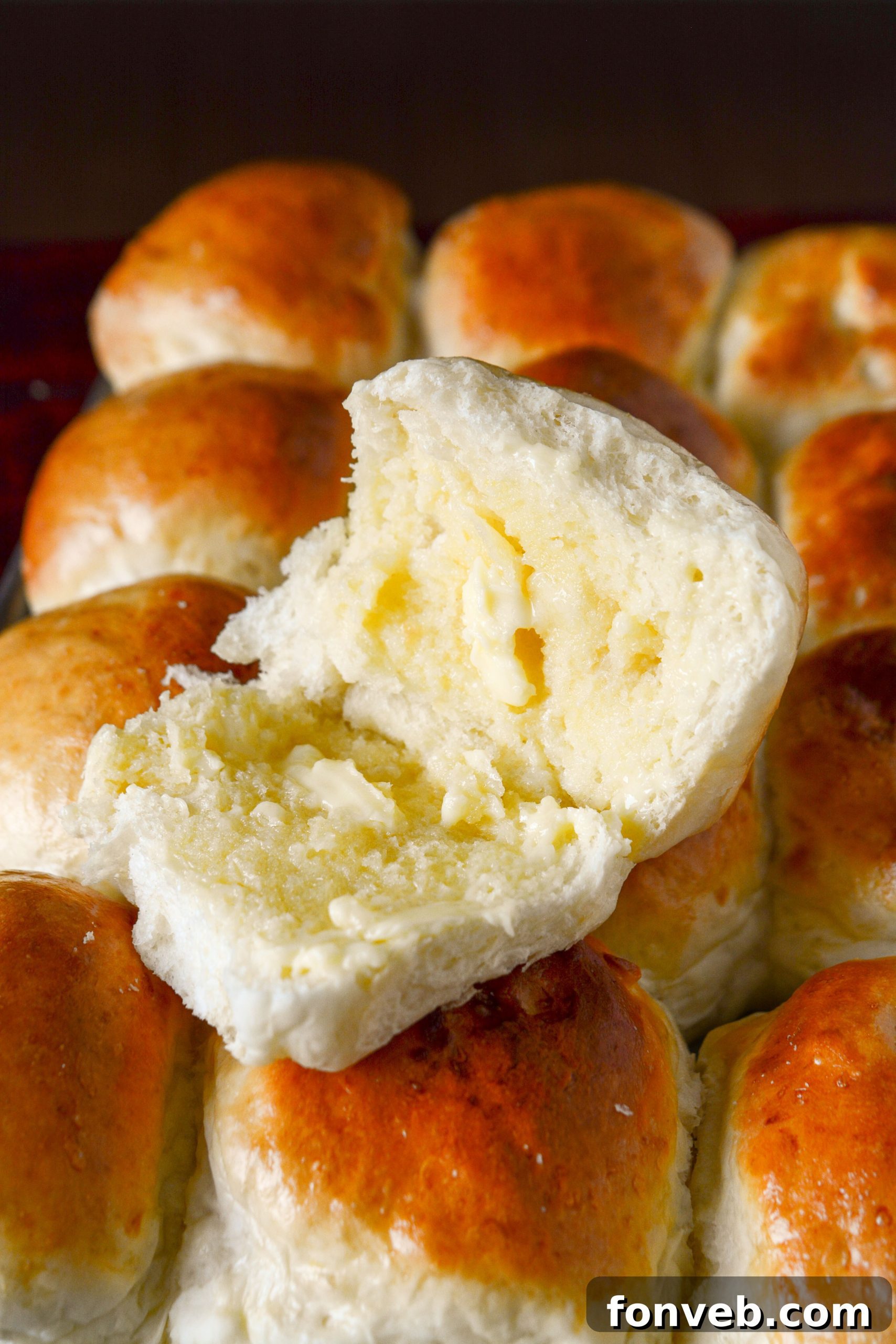 Close-up of the delicate, soft interior texture of a freshly baked dinner roll.