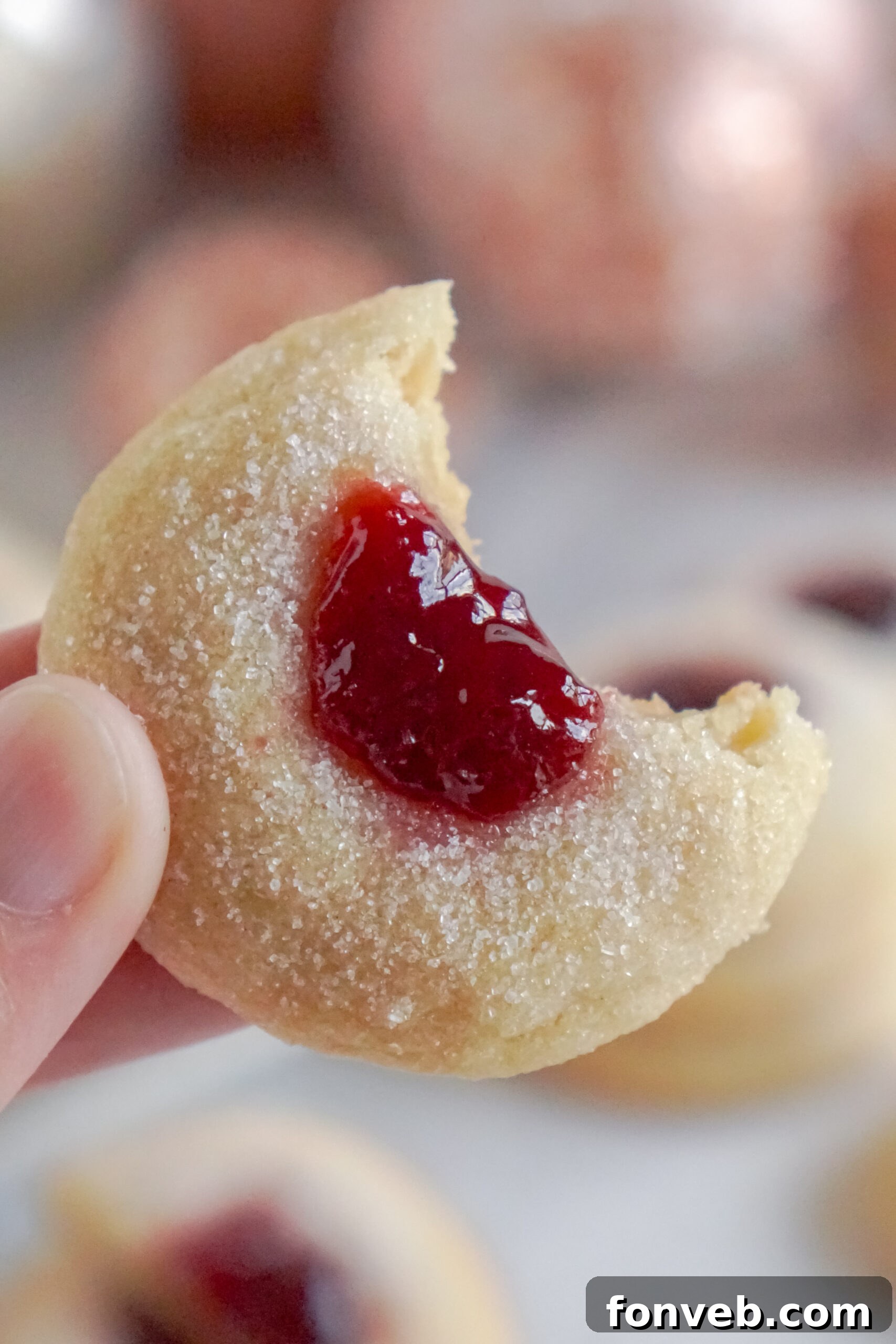 up close shot of a Raspberry Thumbprint Cookie with a bite missing being held up