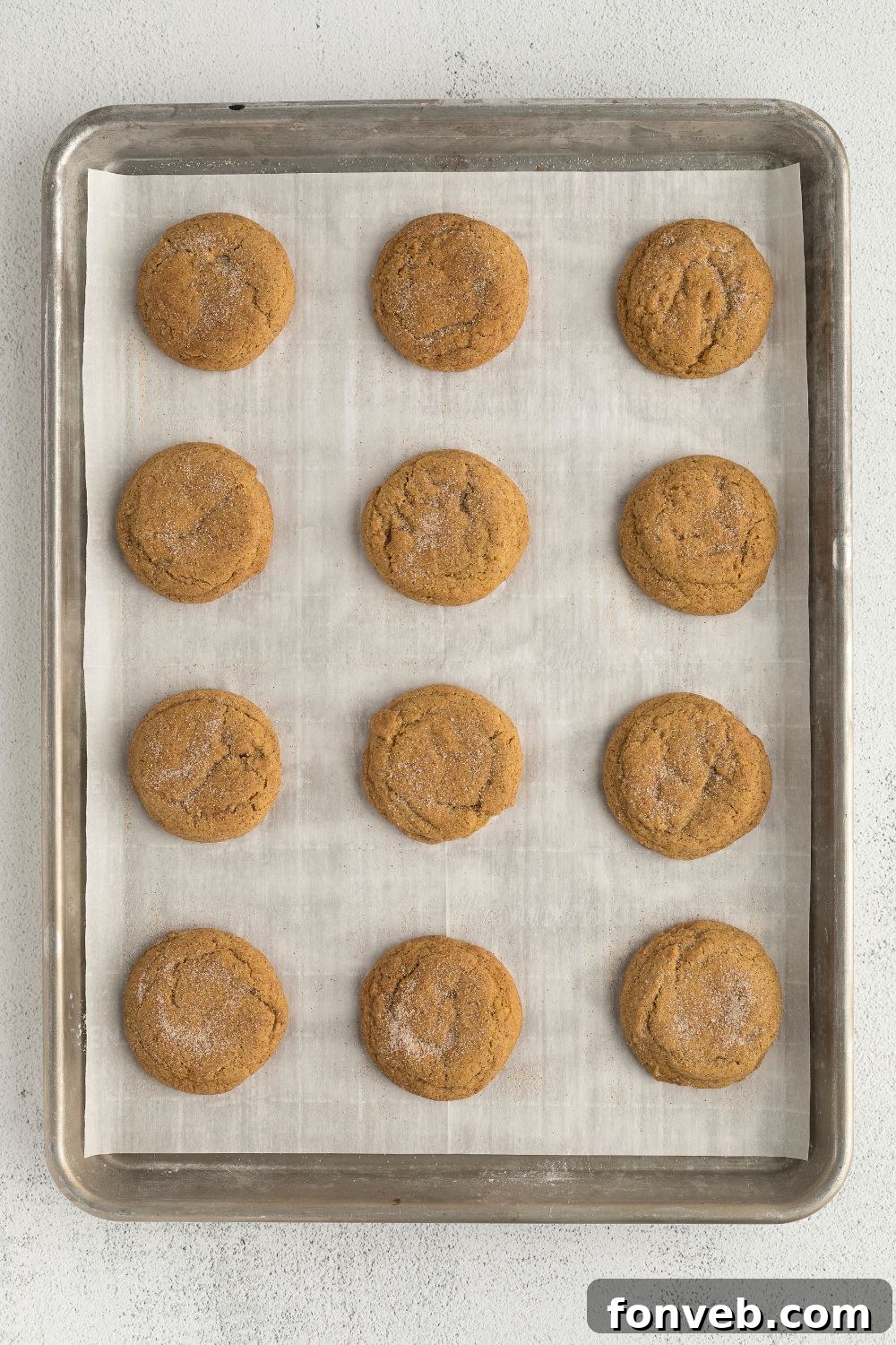 Spiced Pumpkin Snickerdoodle Cookies 10 Pumpkin Snickerdoodle Cookies spread out on baking tray