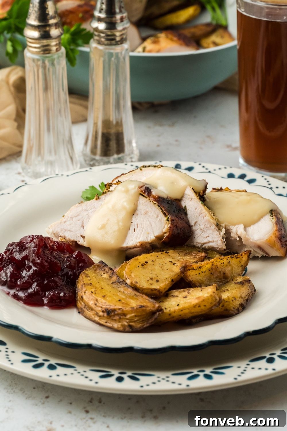 Plate with a Thanksgiving feast with tender turkey and gravy and salt and pepper to the side