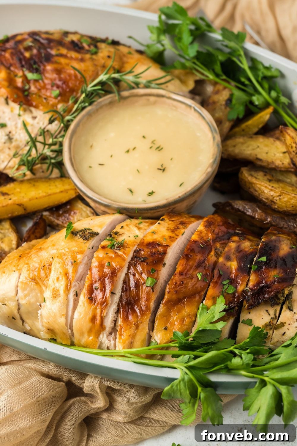 A large platter on table with sliced turkey breast that has been roasted and a bowl of sauce for dipping