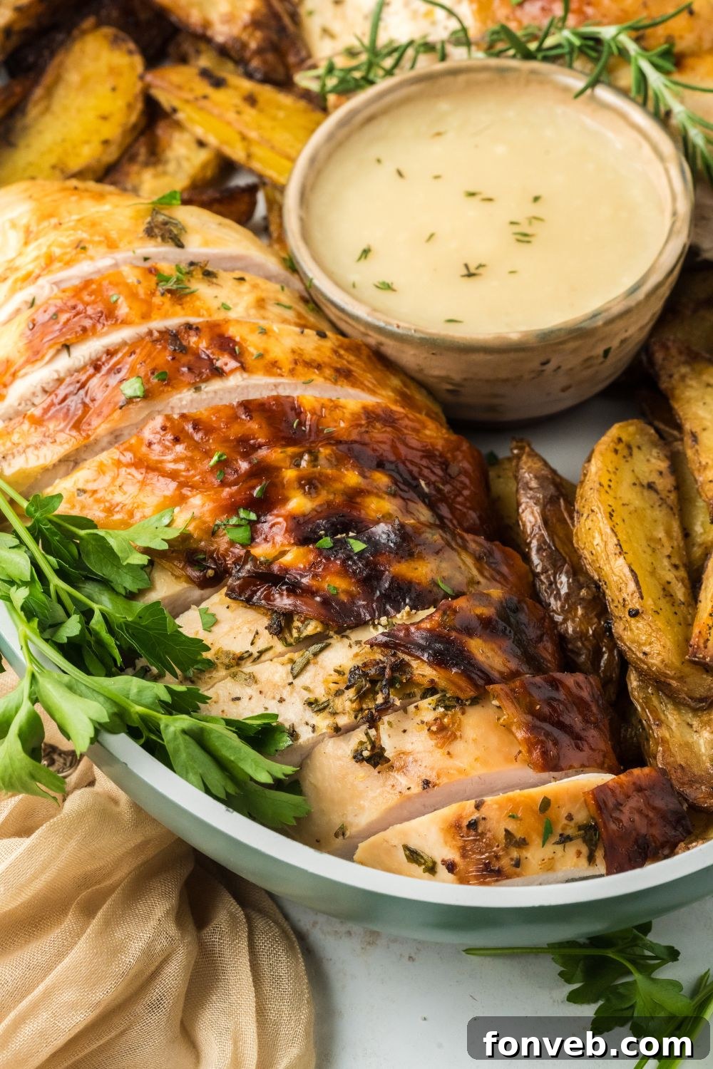 Oval turkey breast with greens, potatoes, and a dipping sauce on a platter on a table