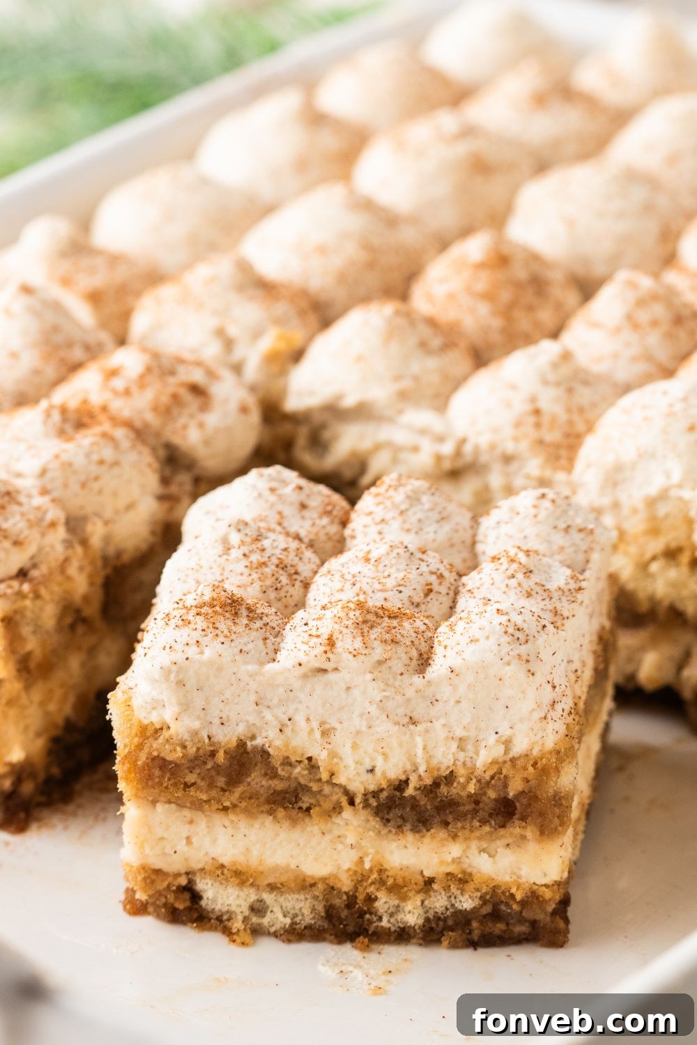 Eggnog Tiramisu in a casserole pan with one slice turned sideways 