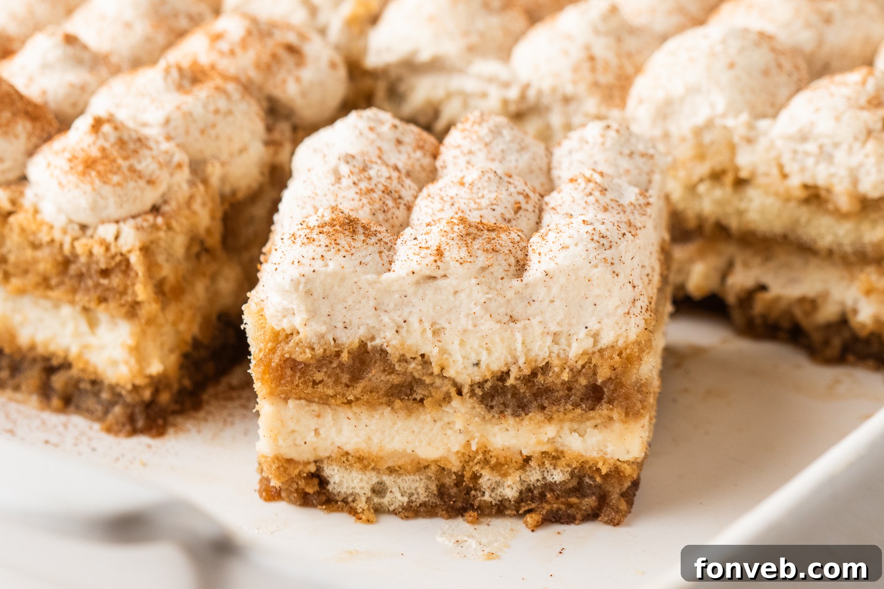 No Bake Eggnog Tiramisu sliced on a white platter 