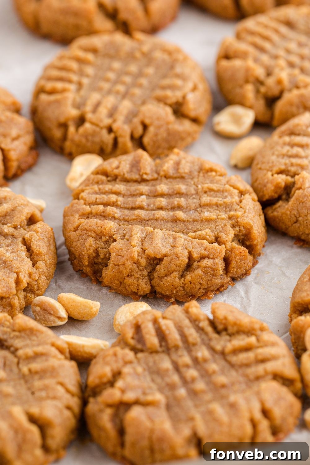 Easy 4-Ingredient Flourless Peanut Butter Cookies 2 4 Ingredient Peanut Butter Cookies spread around the table in a single row with a few peanuts around the table