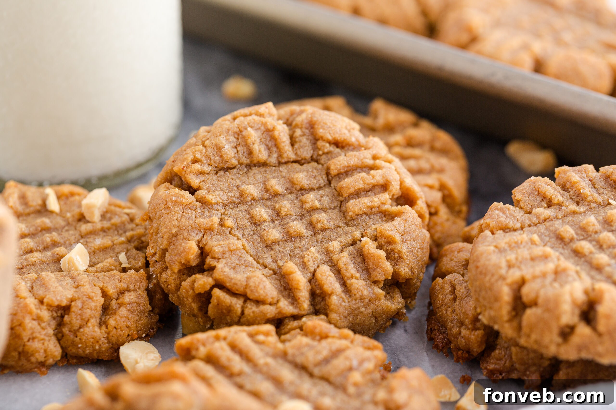 Easy 4-Ingredient Flourless Peanut Butter Cookies 18 4 Ingredient Peanut Butter Cookies with a cup of milk in the background