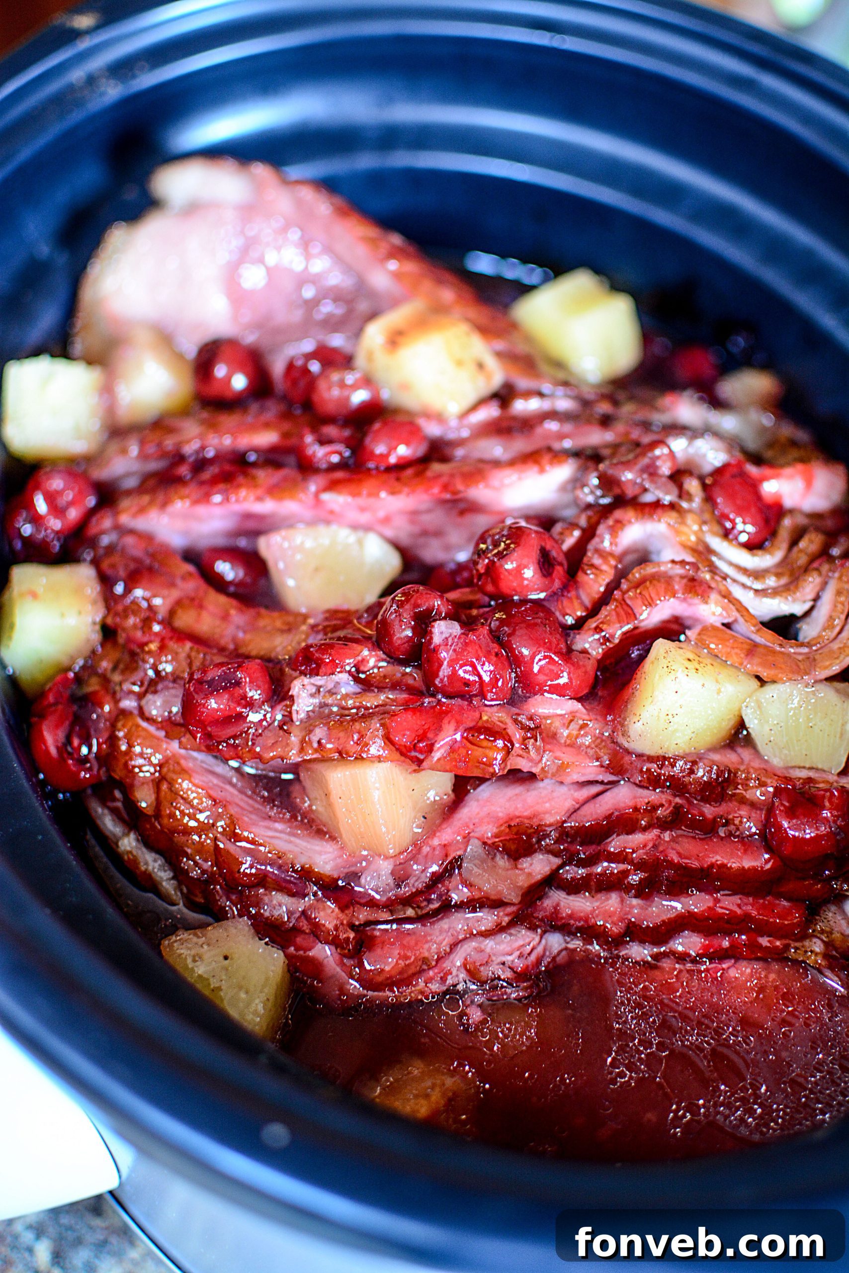 Slow Cooker Caramelized Pineapple Ham 11 A stunning shot of the slow cooker pineapple upside down ham, ready to carve and enjoy.
