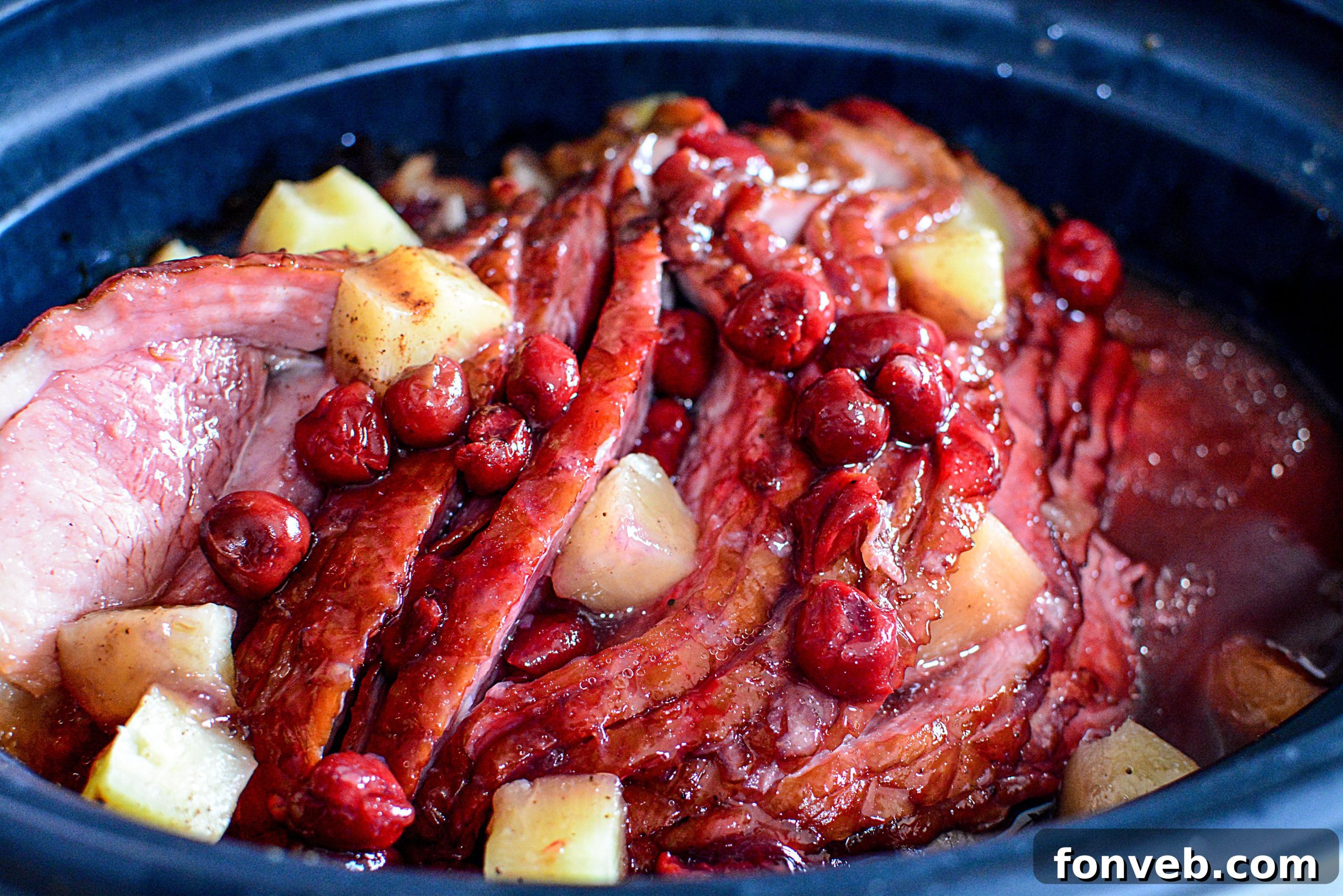 Slow Cooker Caramelized Pineapple Ham 12 Final presentation of the slow cooker pineapple upside down ham, inviting and delicious.