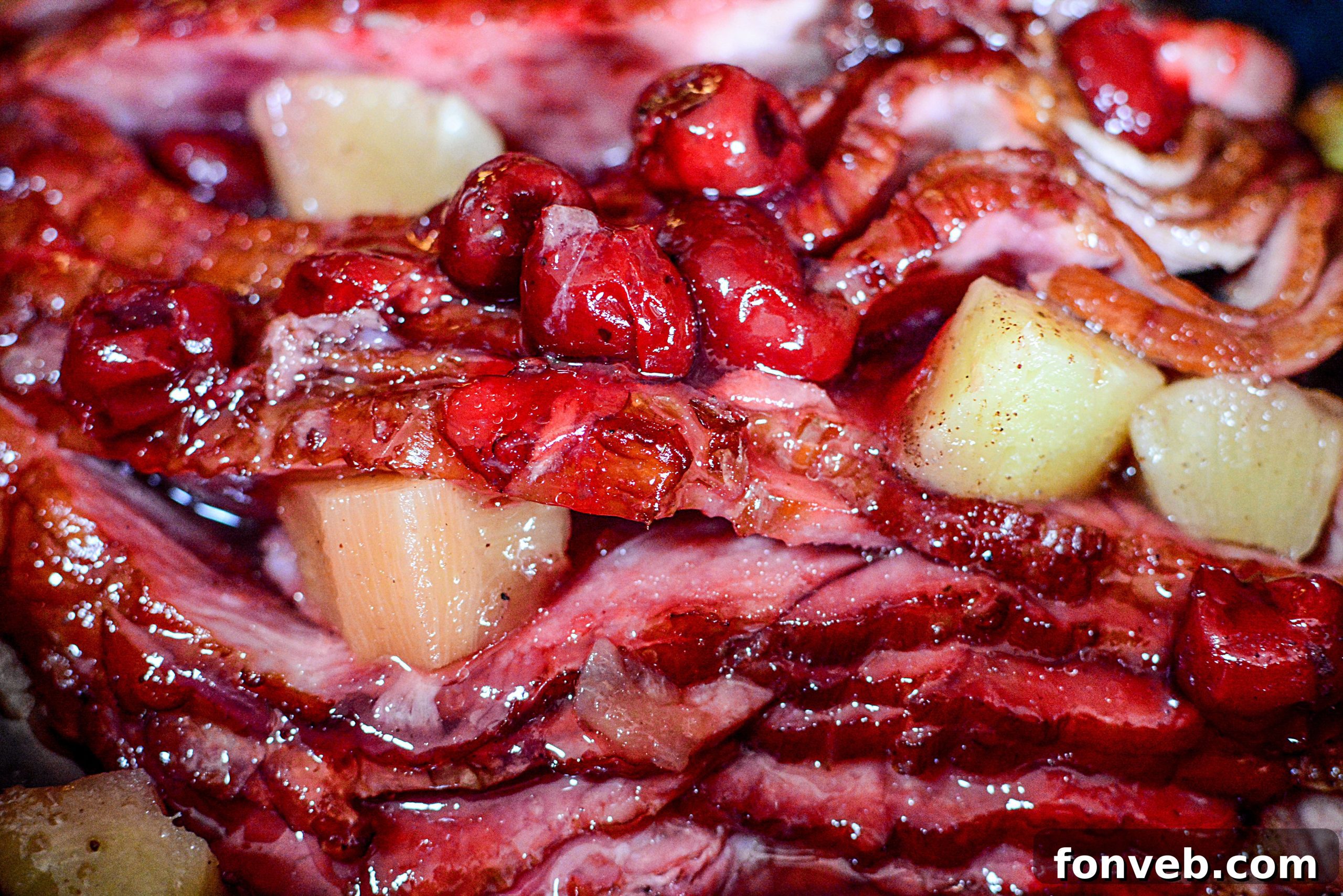 Slow Cooker Caramelized Pineapple Ham 9 A close-up view of the slow cooker pineapple upside down ham, showing its mouthwatering glaze.