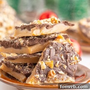 English Toffee on a plate with more behind it on table