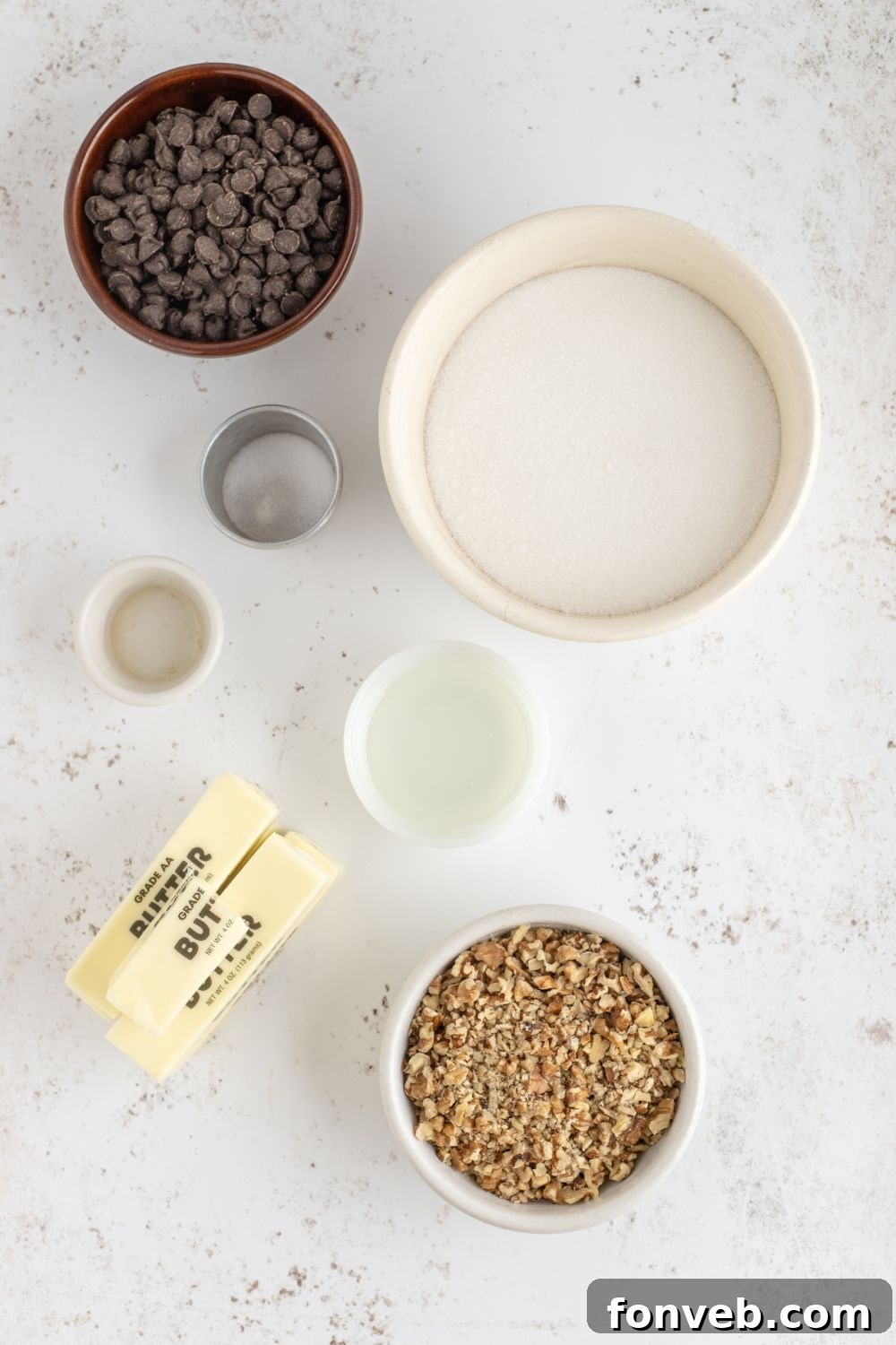 ingredients for English Toffee in single serve bowls on table 